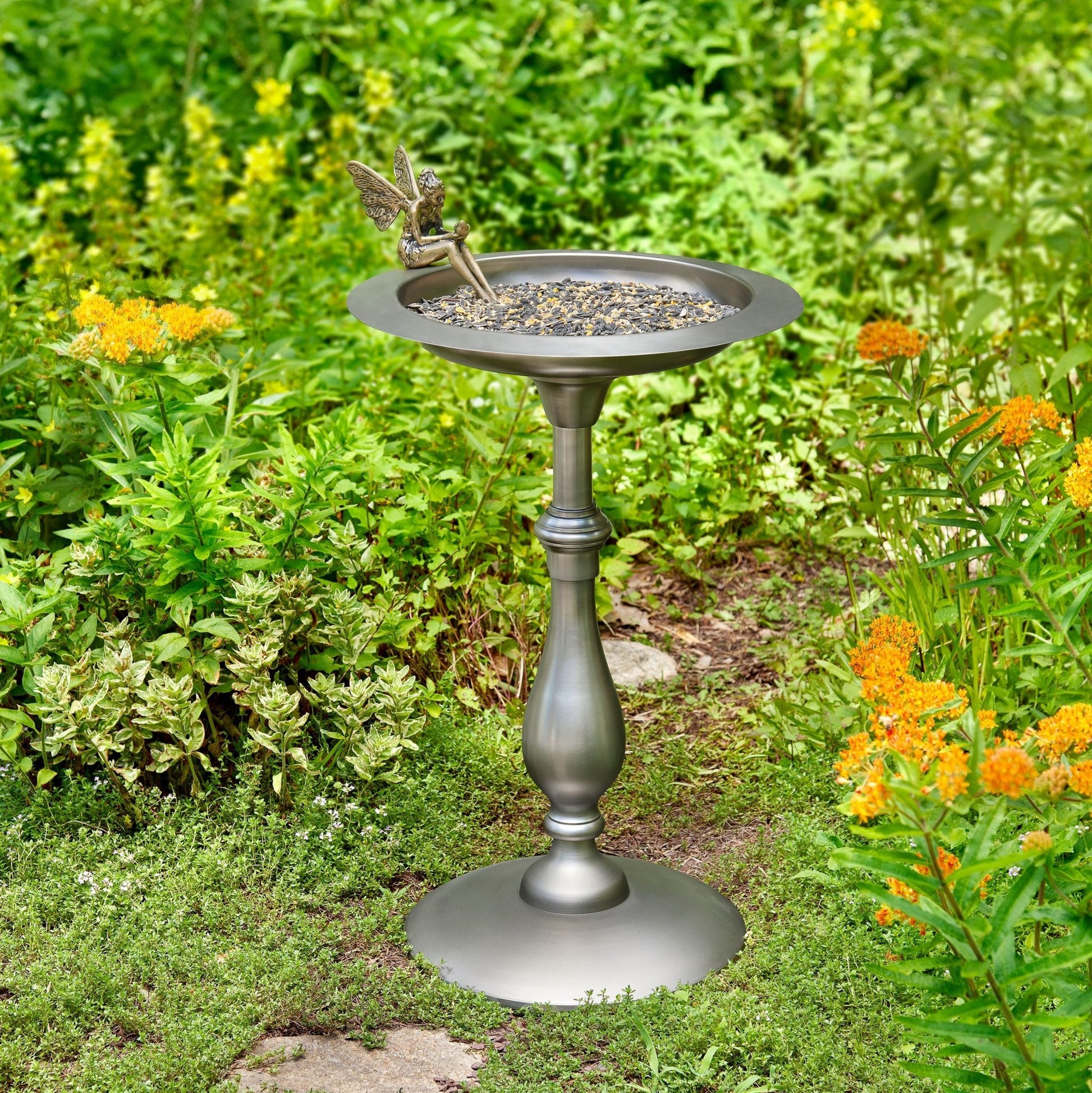 Classic Pewter Bird Bath Pedestal with Fairy - Good Directions