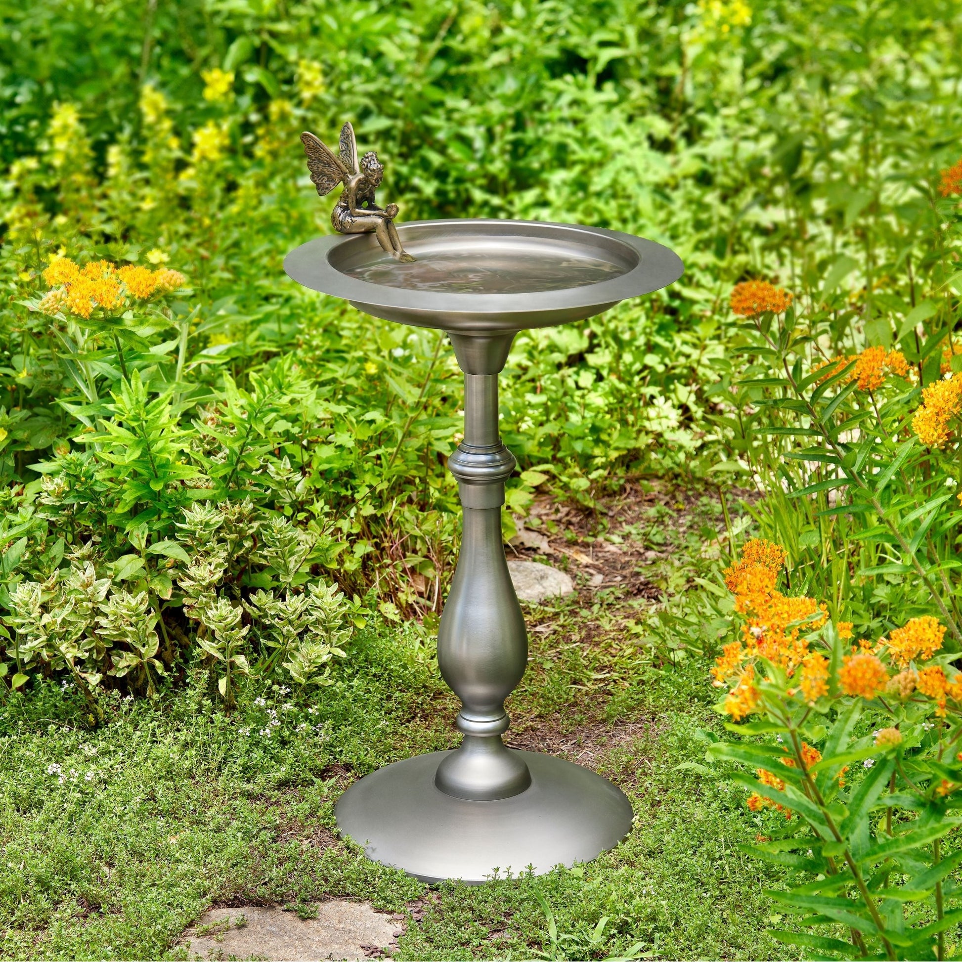 Classic Pewter Bird Bath Pedestal with Fairy - Good Directions