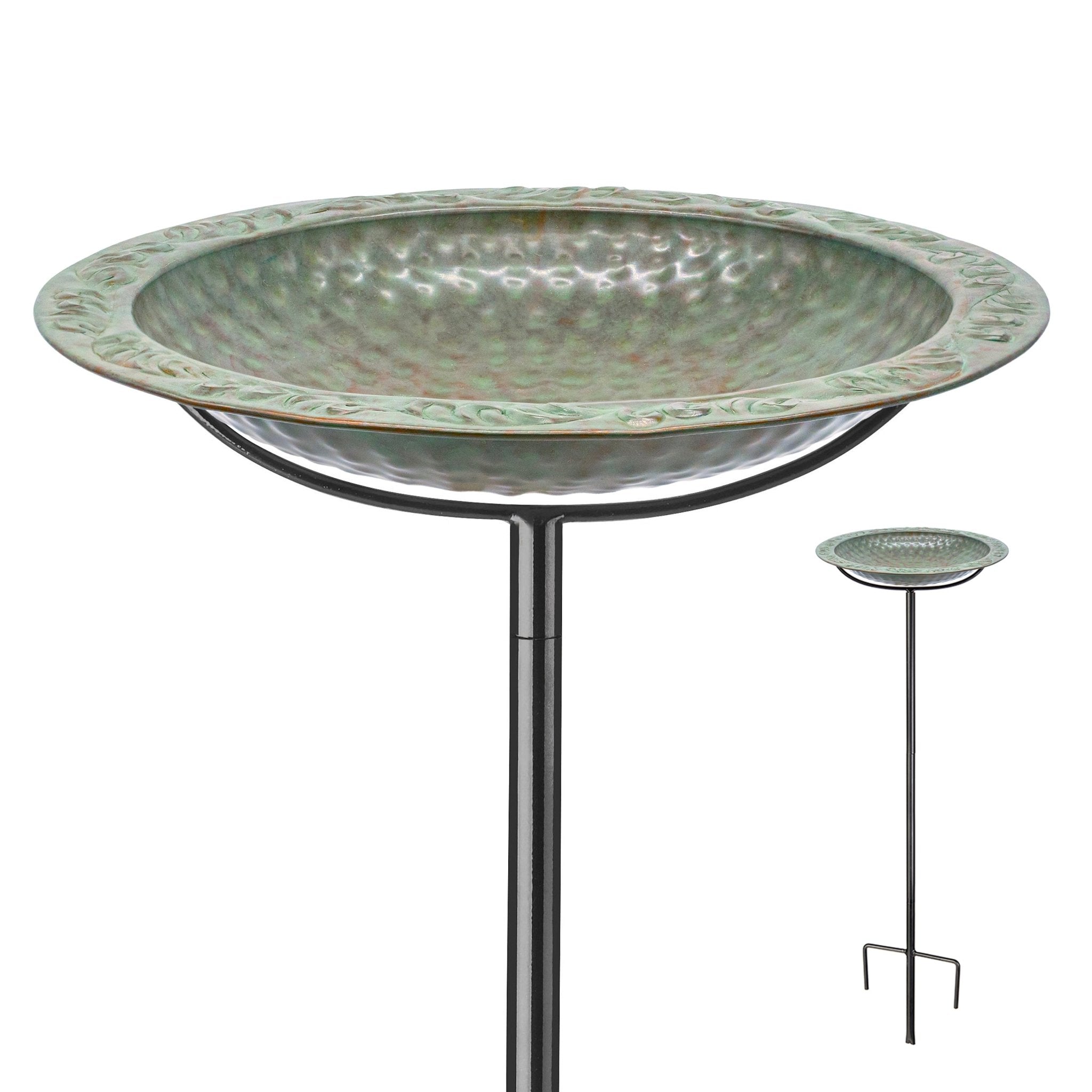 Copper Birdbath with Garden Pole, 13.5"D - Blue Verde Finish - Good Directions