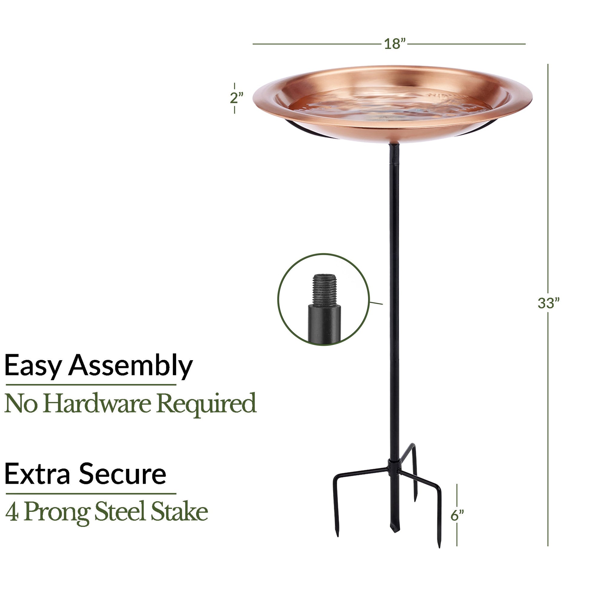 Copper Birdbath with Garden Pole, 18”D – Matte Finish - Good Directions