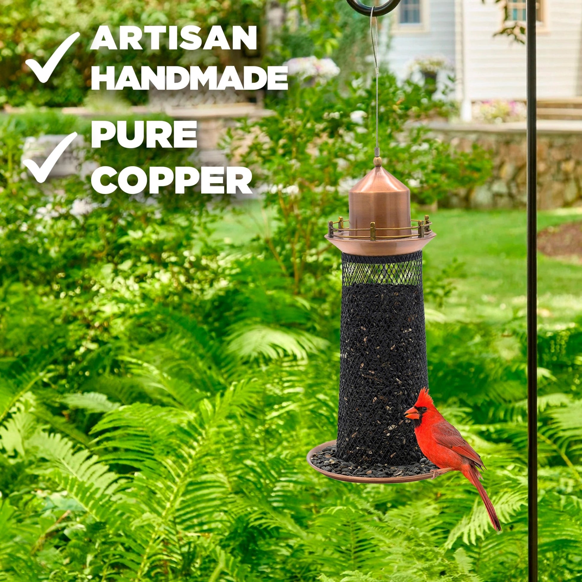 Copper Lighthouse Bird Feeder with Mesh Panels - Good Directions