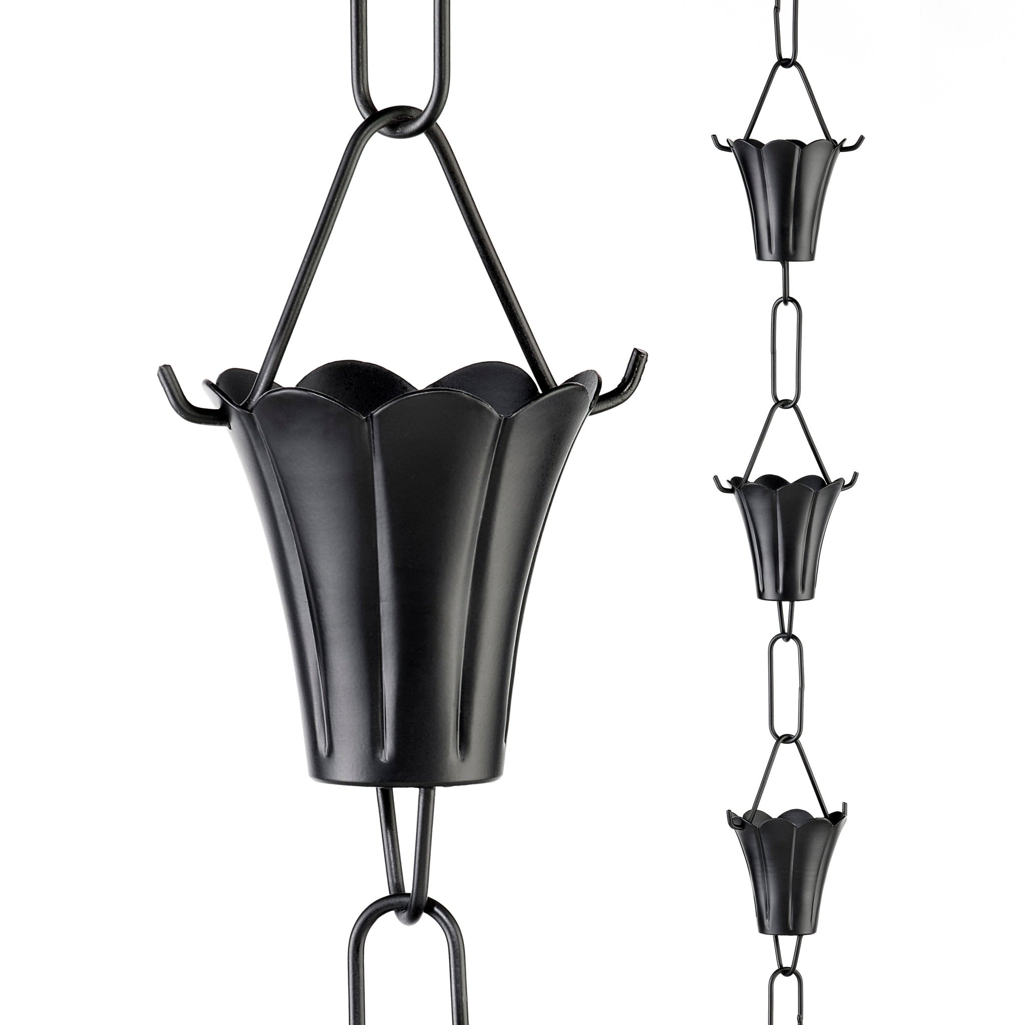 Fluted Flower Rain Chain Black - 8.5 ft., with 11 Large Cups - Good Directions