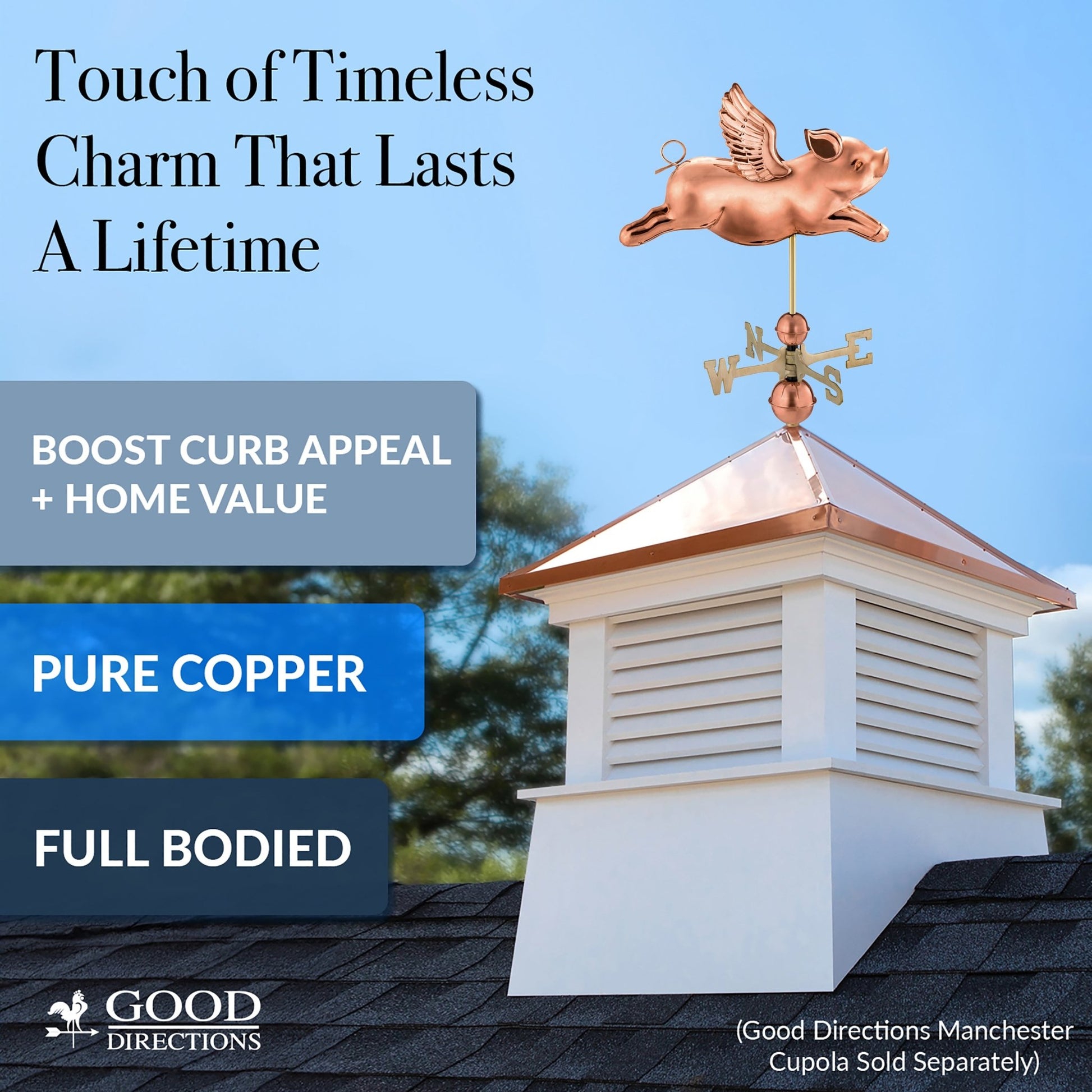 Flying Pig Weathervane - Pure Copper - Good Directions