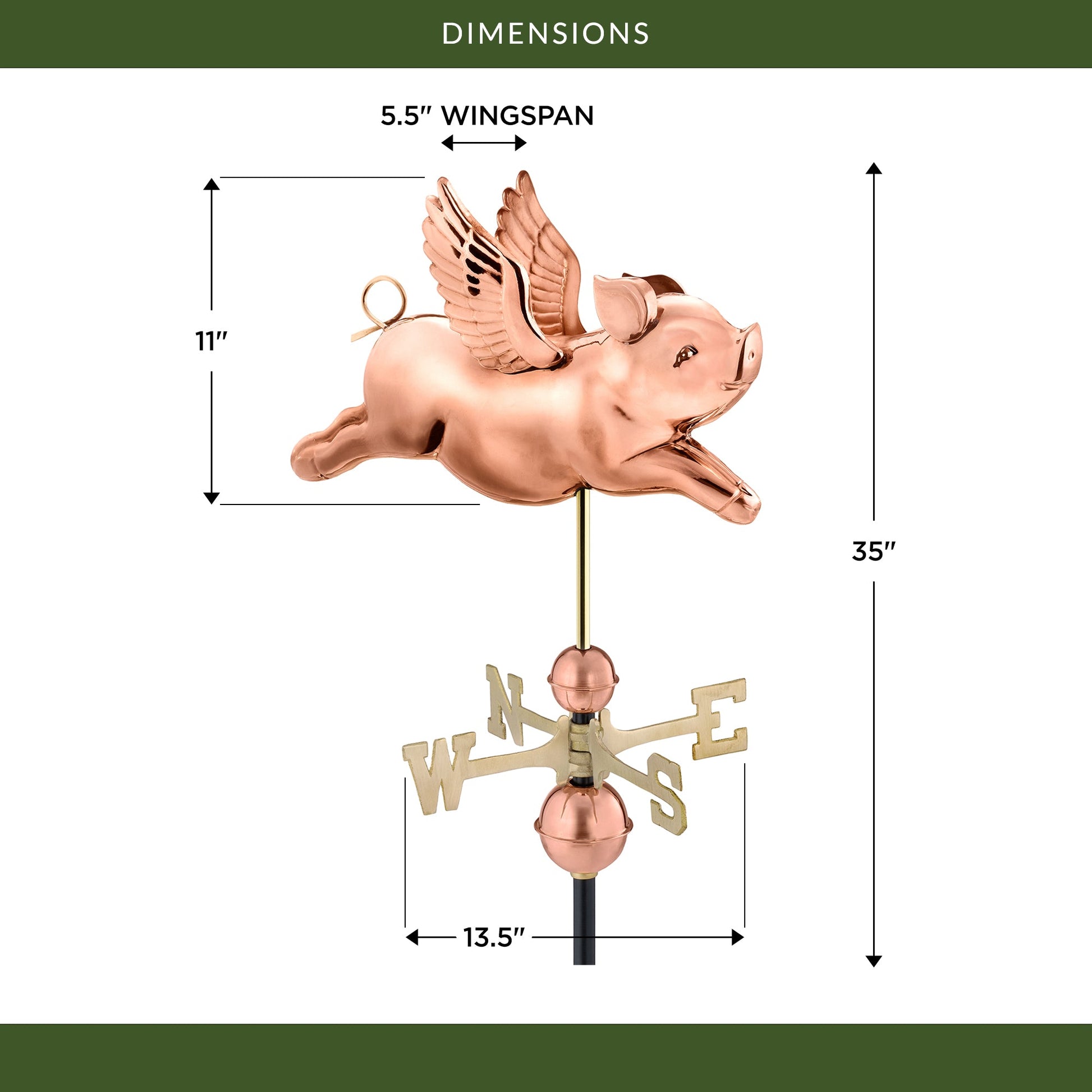 Flying Pig Weathervane - Pure Copper - Good Directions