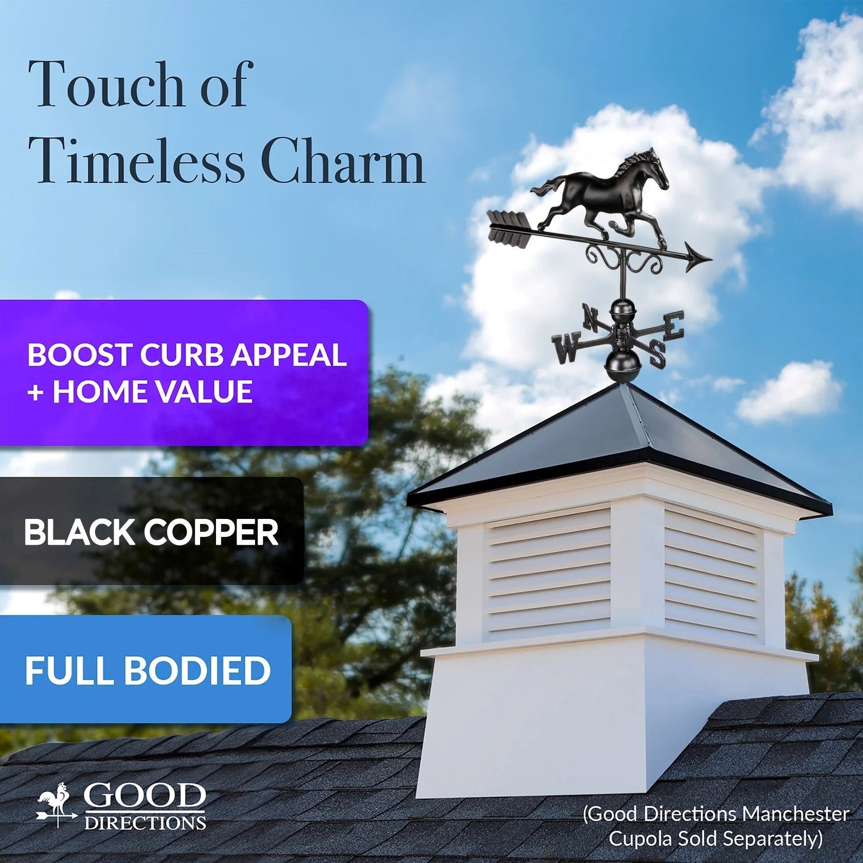 Galloping Horse Weathervane - Matte Black Copper - Good Directions