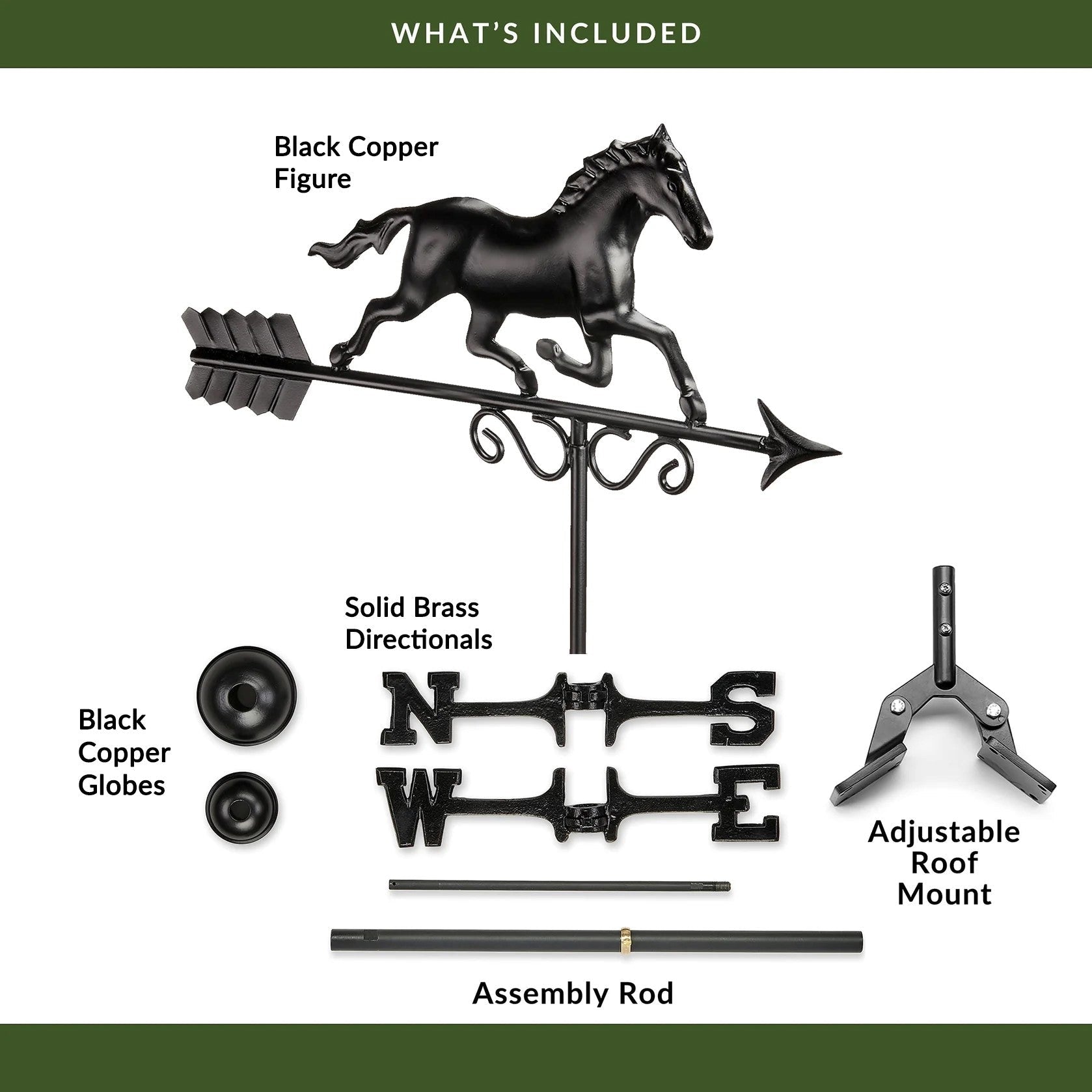 Galloping Horse Weathervane - Matte Black Copper - Good Directions