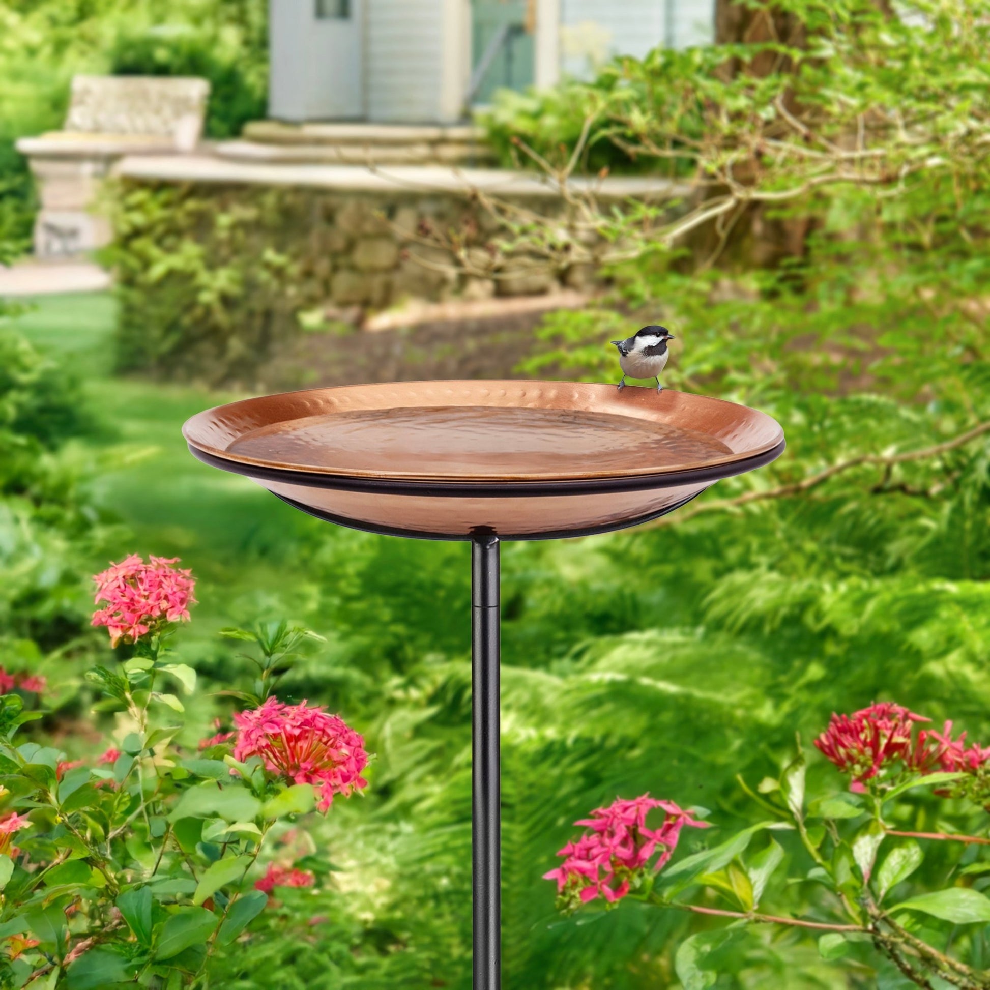 Hammered Copper Birdbath with Garden Pole, 13.5"D - Good Directions