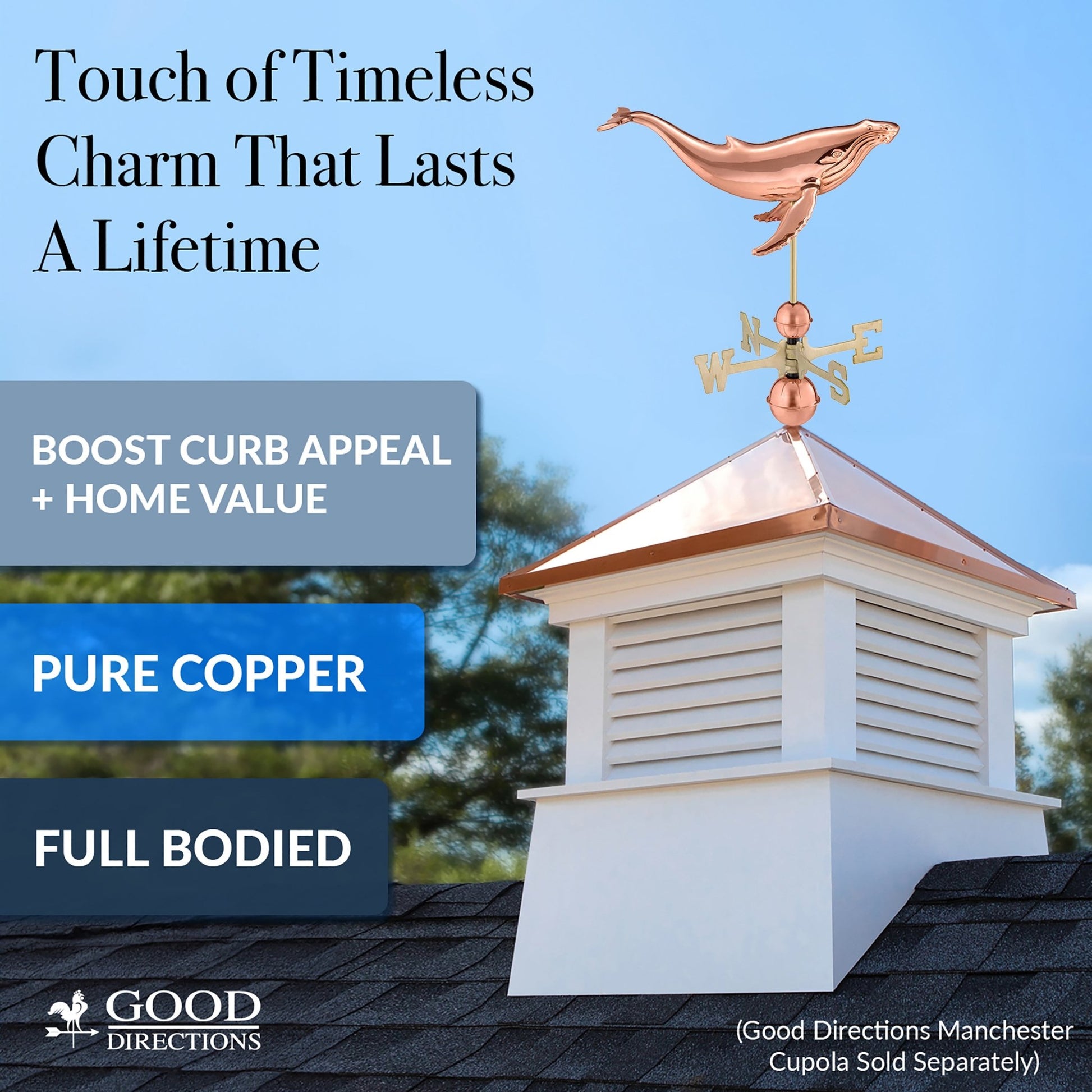 Humpback Whale Weathervane - Pure Copper - Good Directions