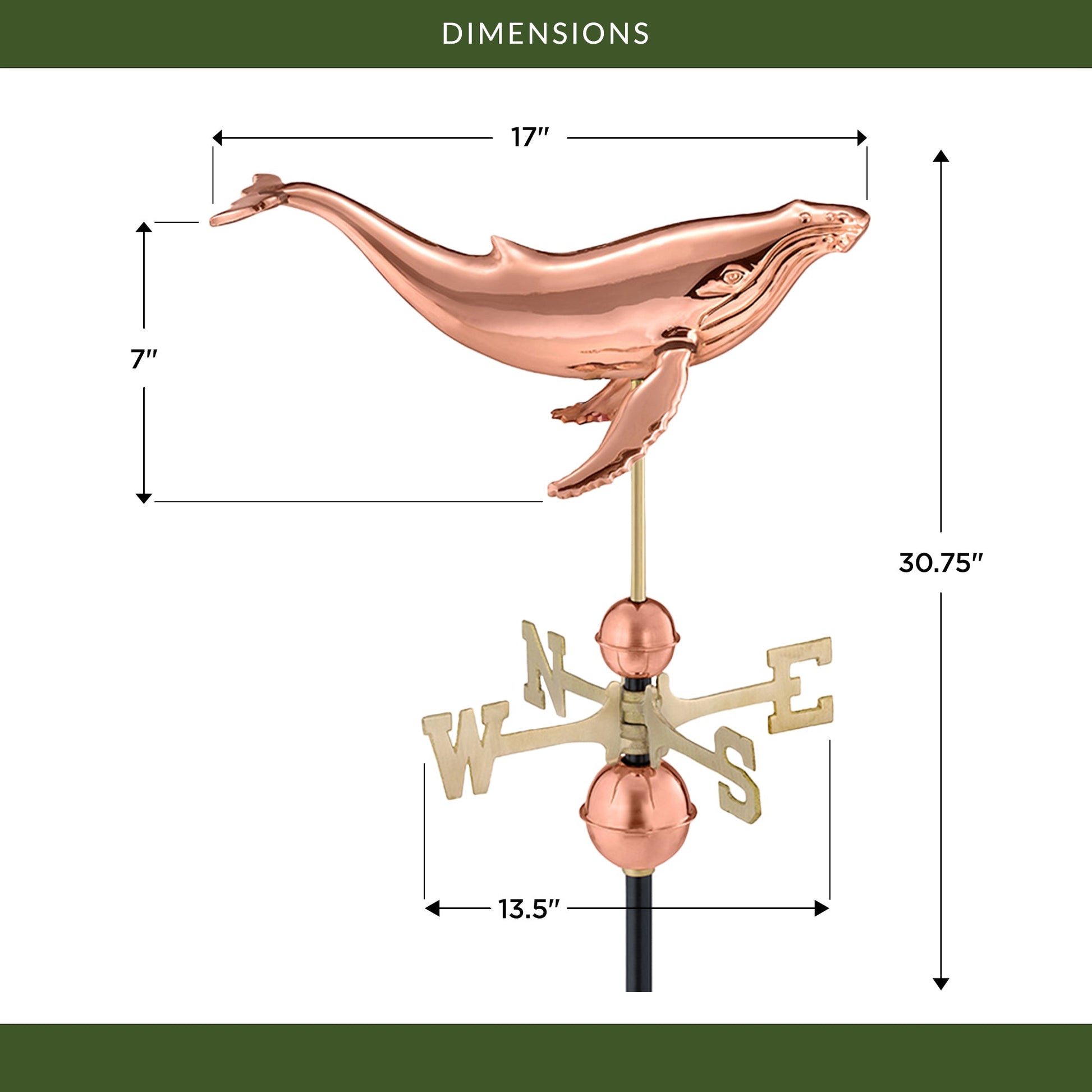 Humpback Whale Weathervane - Pure Copper - Good Directions