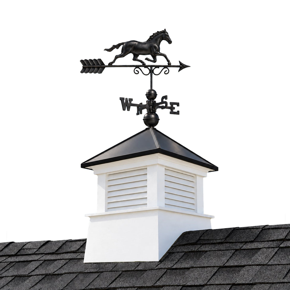 Manchester Vinyl Cupola – Black Aluminum Roof & Black Copper Horse - Good Directions