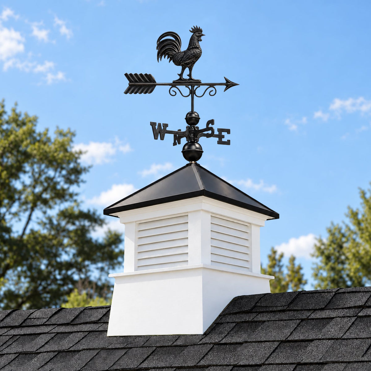 Manchester Vinyl Cupola – Black Aluminum Roof & Black Copper Rooster - Good Directions