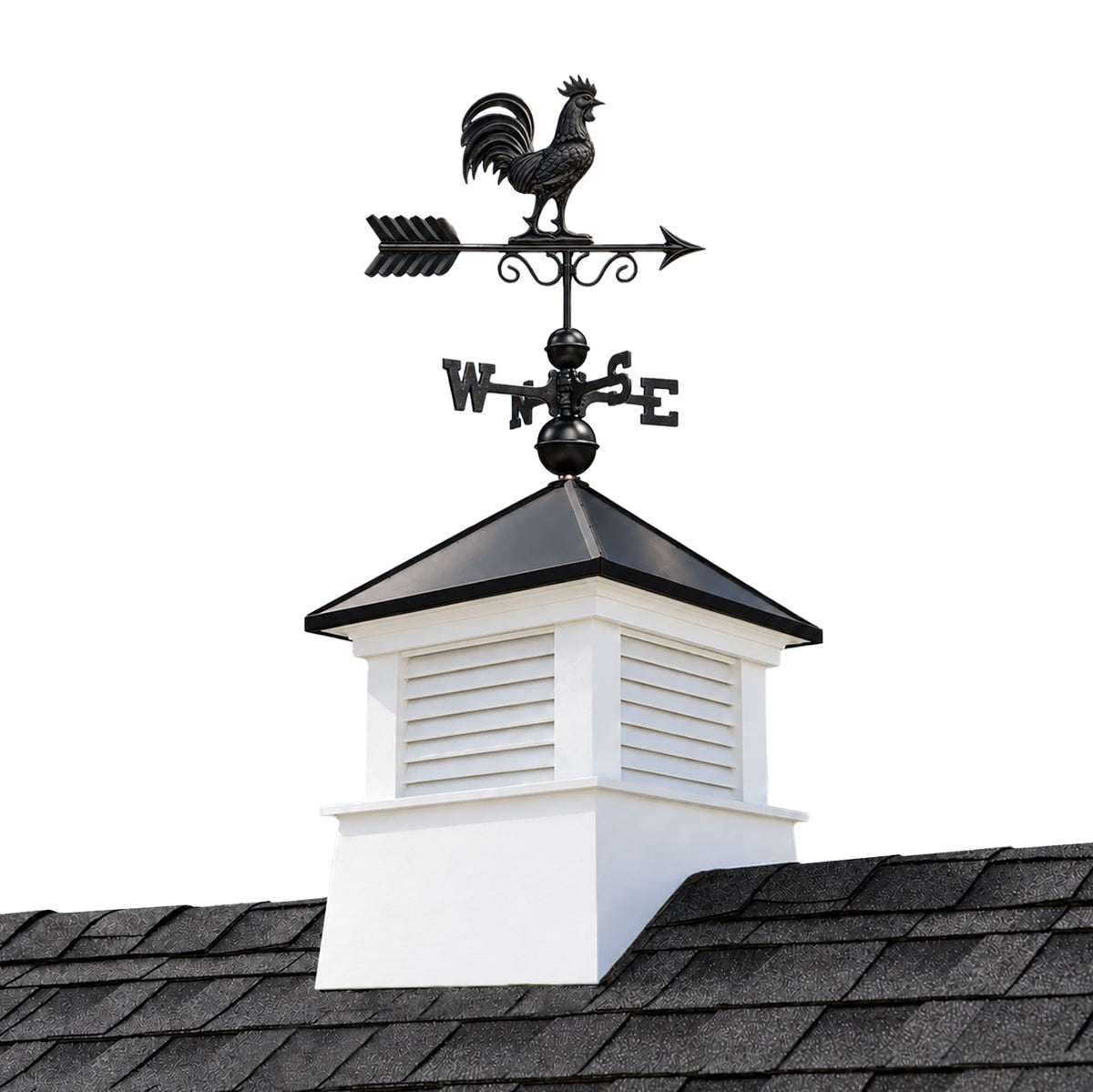 Manchester Vinyl Cupola – Black Aluminum Roof & Black Copper Rooster - Good Directions