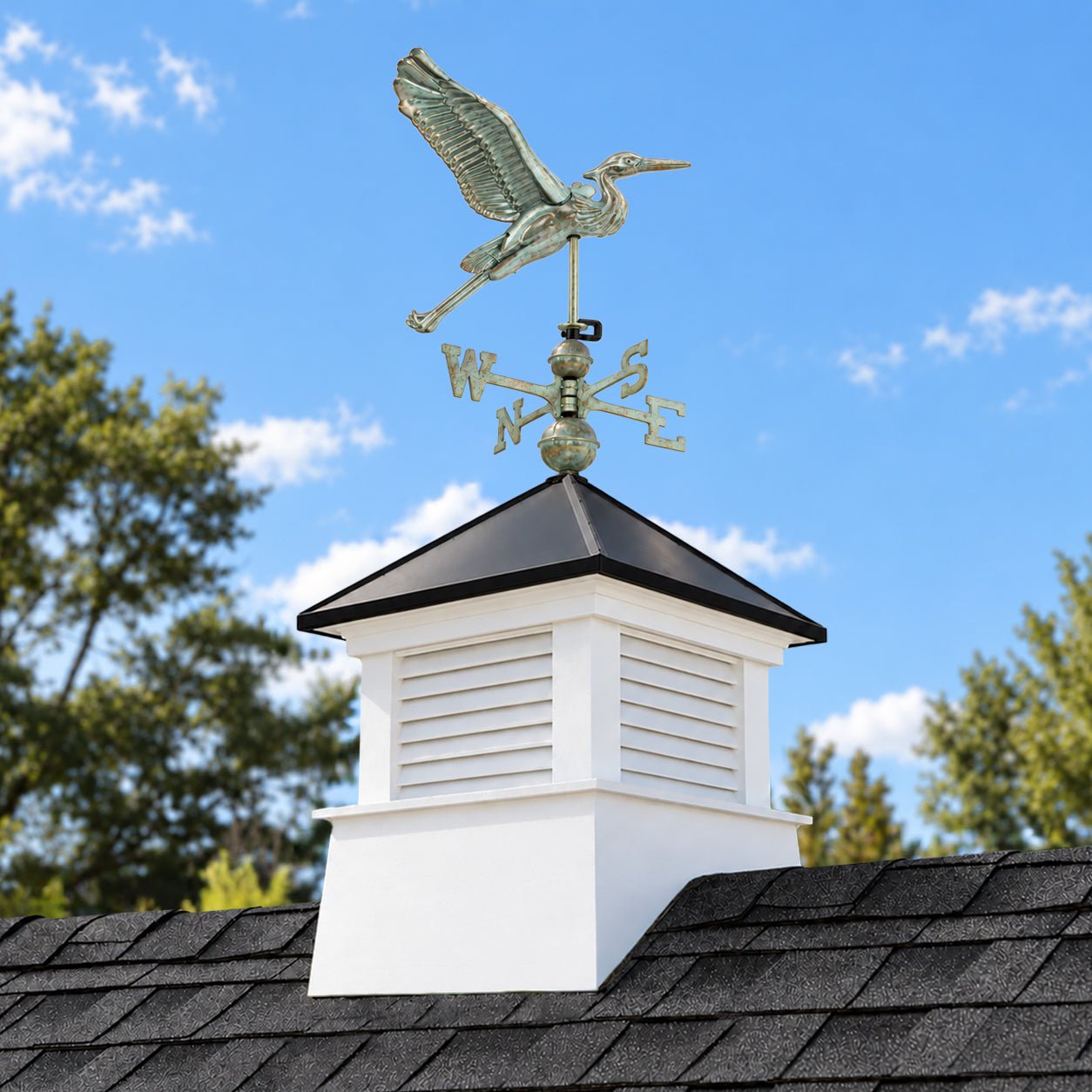 Manchester Vinyl Cupola – Black Aluminum Roof & Blue Verde Copper Heron - Good Directions