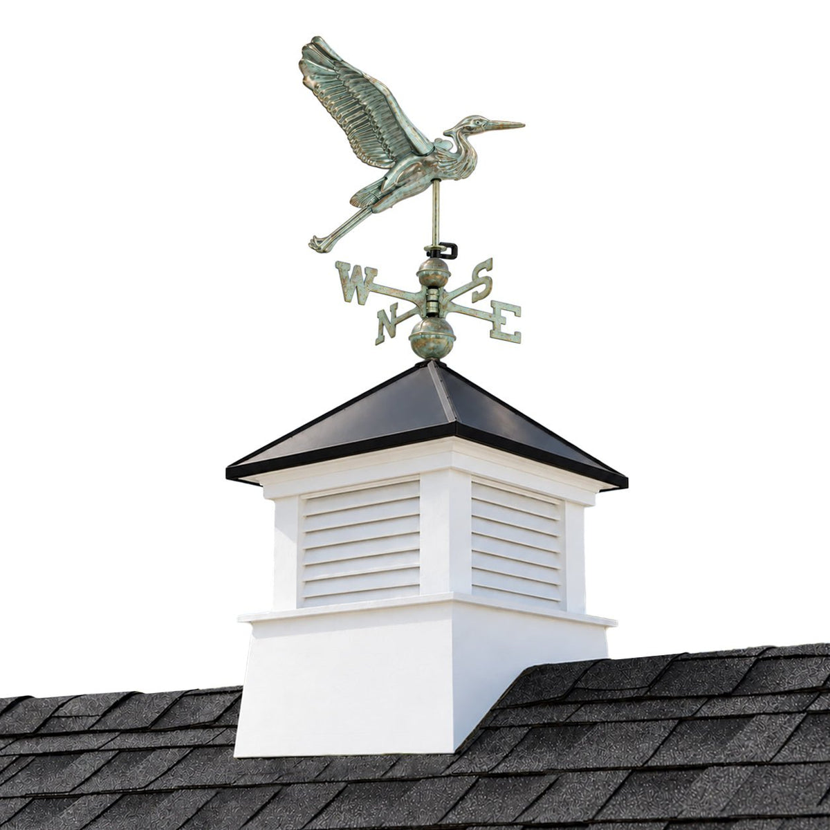 Manchester Vinyl Cupola – Black Aluminum Roof & Blue Verde Copper Heron - Good Directions