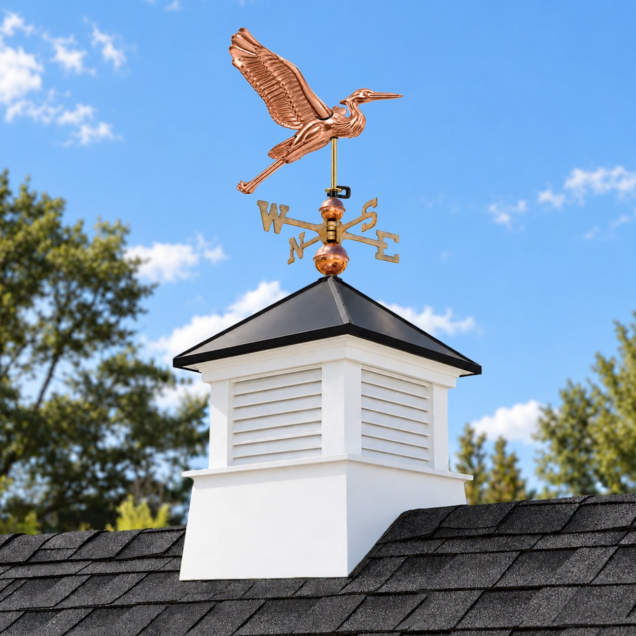 Manchester Vinyl Cupola – Black Aluminum Roof & Copper Heron - Good Directions