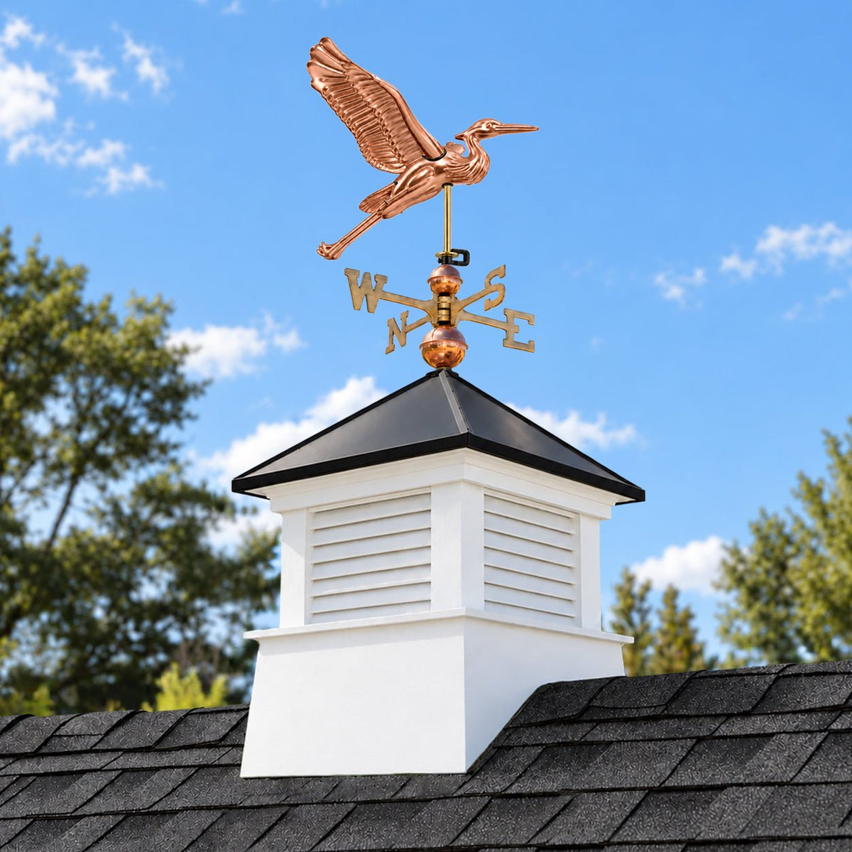 Manchester Vinyl Cupola – Black Aluminum Roof & Copper Heron - Good Directions