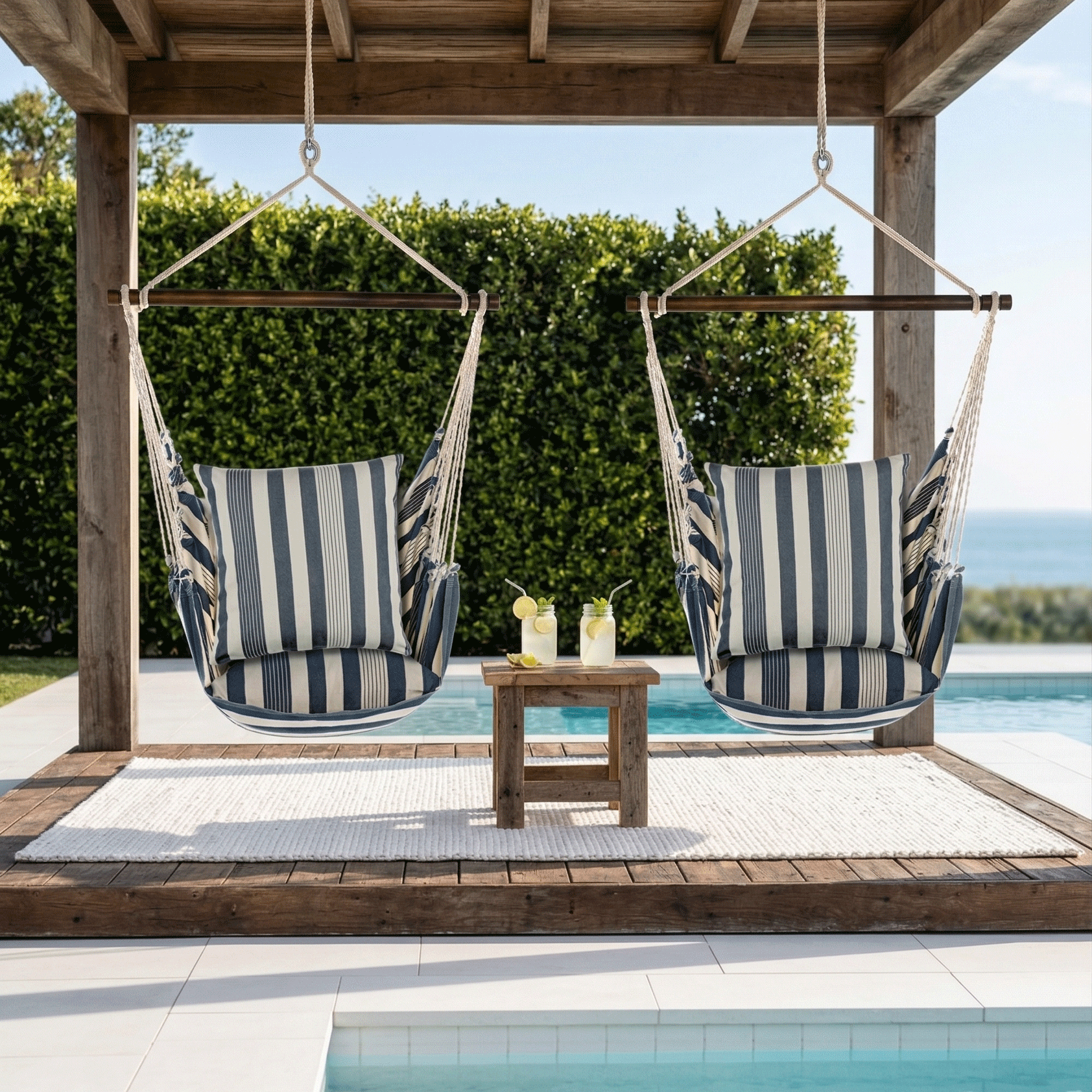 Marina Stripe Outdoor Hammock Swing Set (4 - Piece with Pillow) - Good Directions