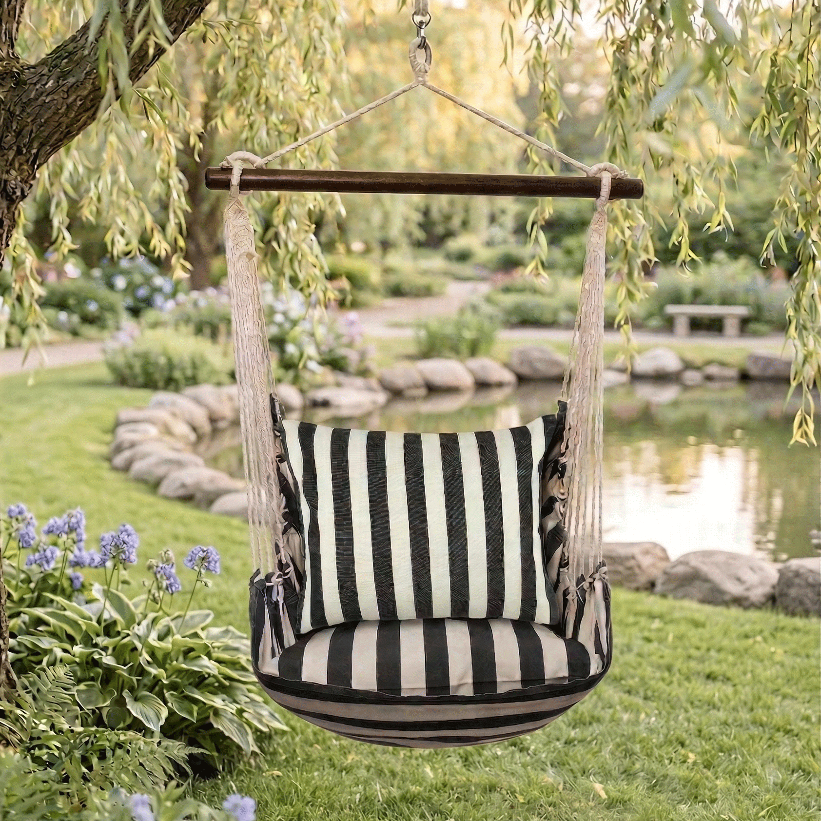 True Black Stripe Outdoor Hammock Swing Set (4 - Piece with Pillow) - Good Directions