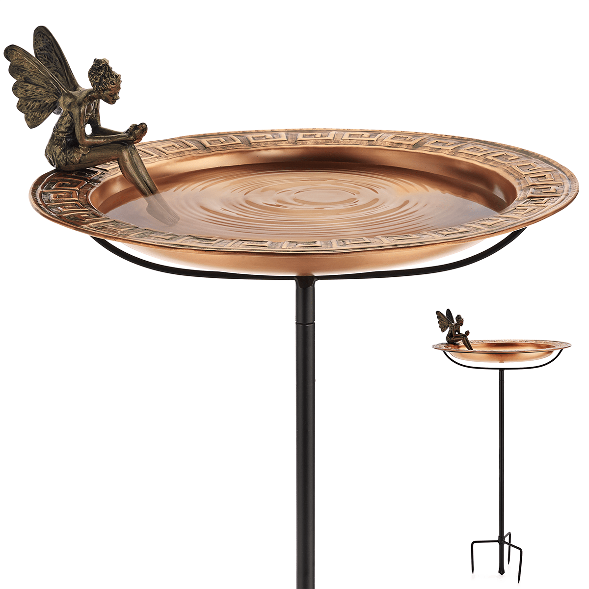 18" Greek Copper Bird Bath with Fairy and Garden Pole - Good Directions