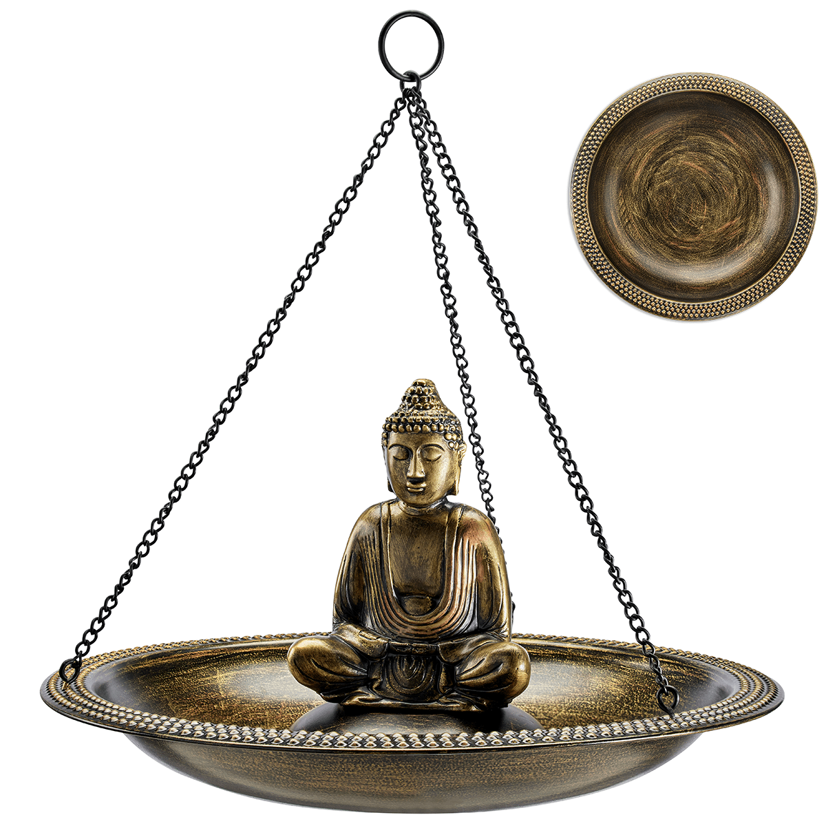 18" Hanging Copper Bird Bath with Buddha - Good Directions