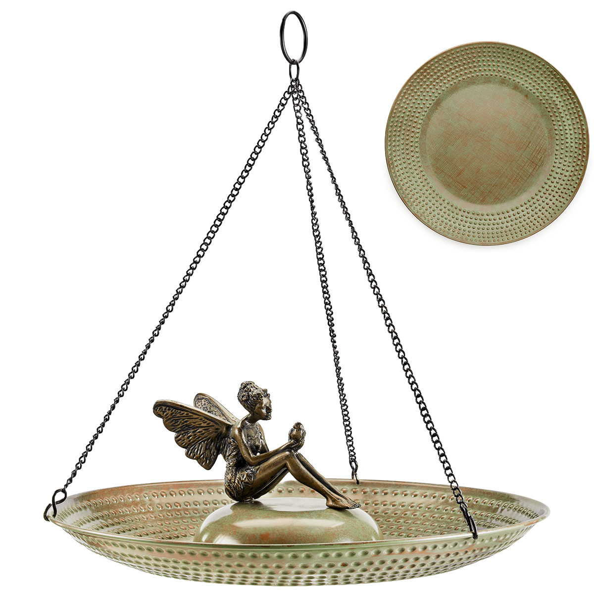 18" Hanging Blue Verde Copper Bird Bath with Fairy - Good Directions
