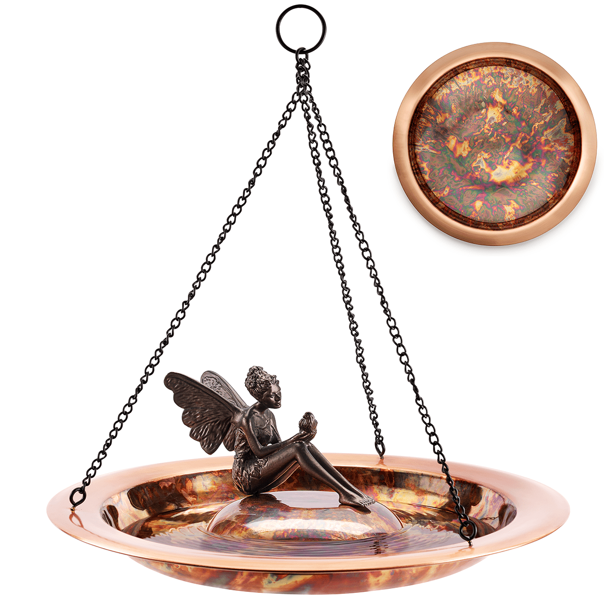 18" Hanging Fired Copper Bird Bath with Fairy - Good Directions