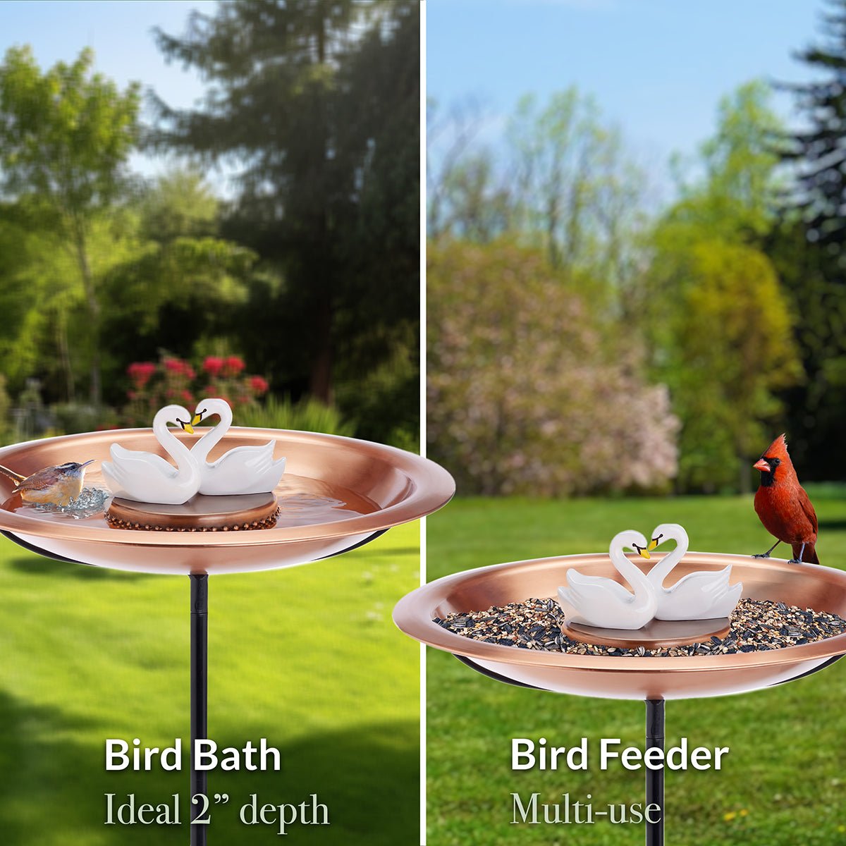 18" Matte Copper Bird Bath with Swans and Garden Pole - Good Directions