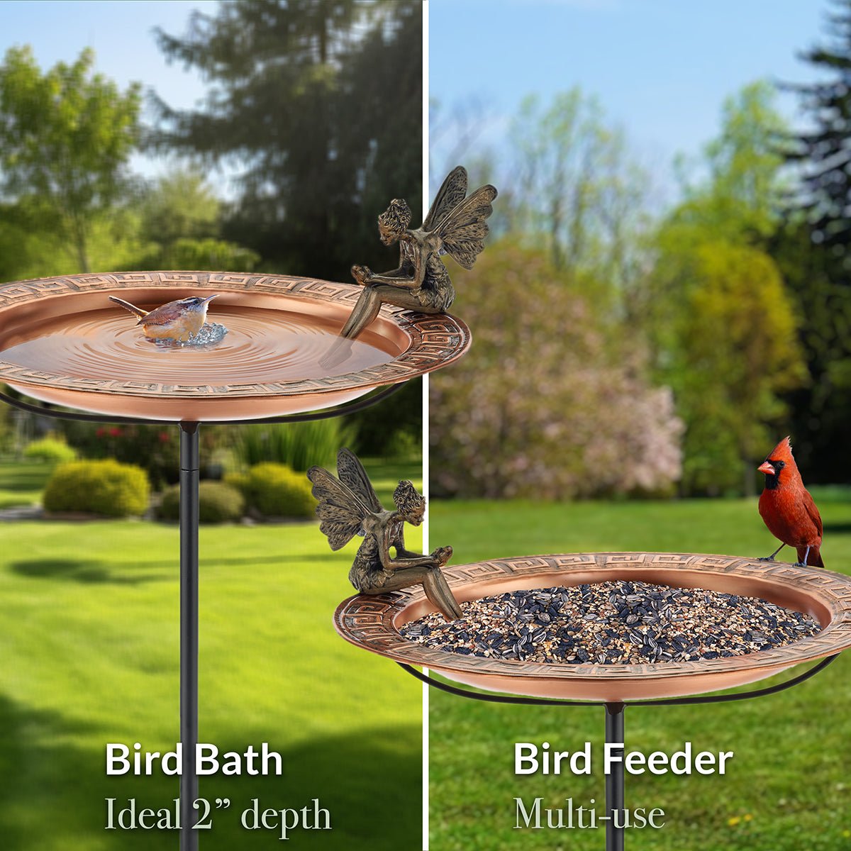 18" Greek Copper Bird Bath with Fairy and Garden Pole - Good Directions