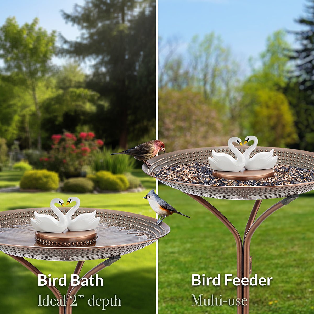 20" Bronze Copper Bird Bath with Swans - Good Directions