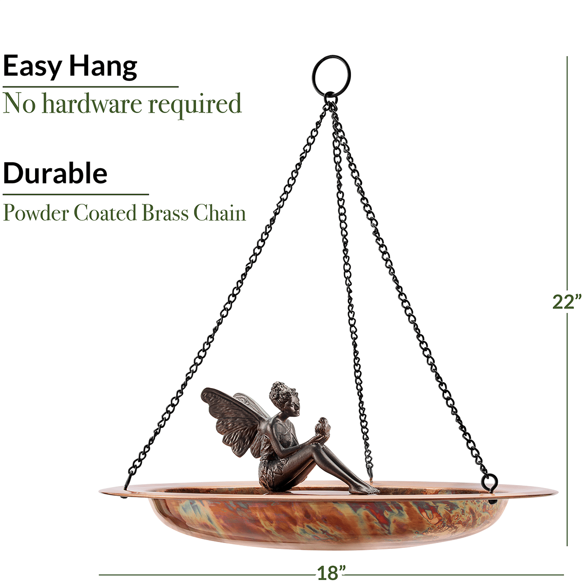 18" Hanging Fired Copper Bird Bath with Fairy - Good Directions