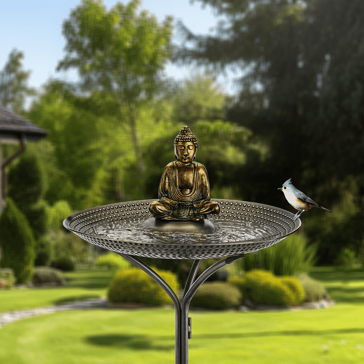 20" Pewter Copper Bird Bath with Buddha - Good Directions