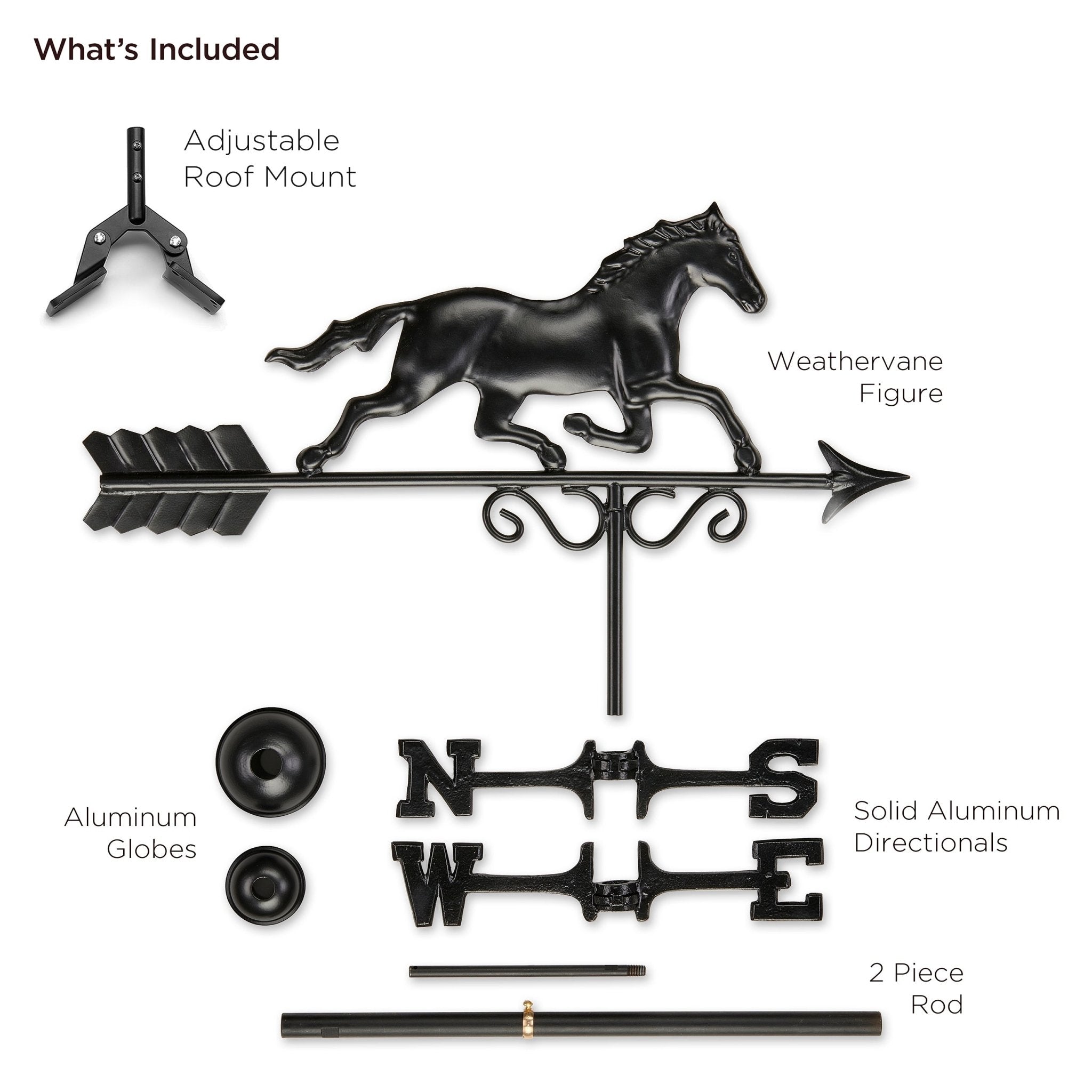 Black Aluminum Galloping Horse Standard Weathervane - Good Directions