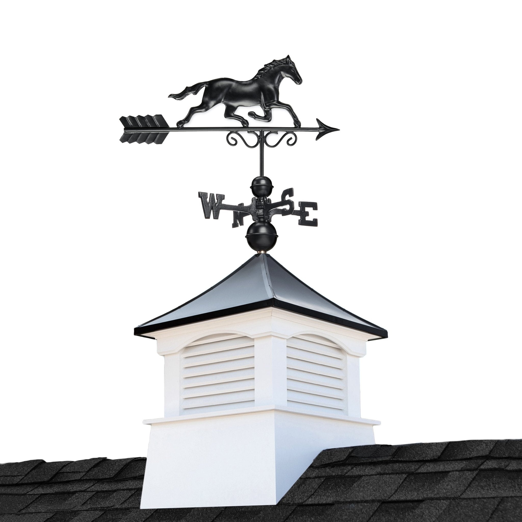 18" Square Coventry Vinyl Cupola with Black Aluminum roof and Black Aluminum Horse Weathervane - Good Directions