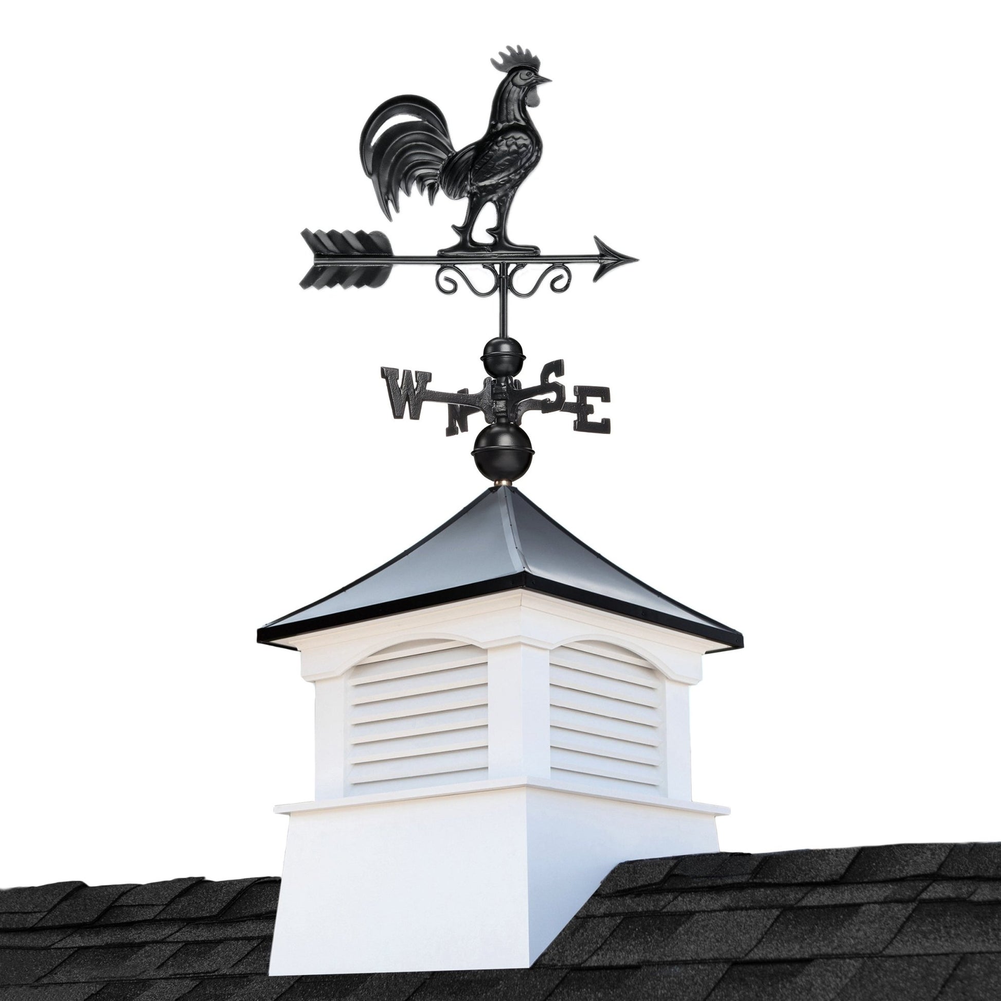 18" Square Coventry Vinyl Cupola with Black Aluminum roof and Black Aluminum Rooster Weathervane by Good Directions - Good Directions