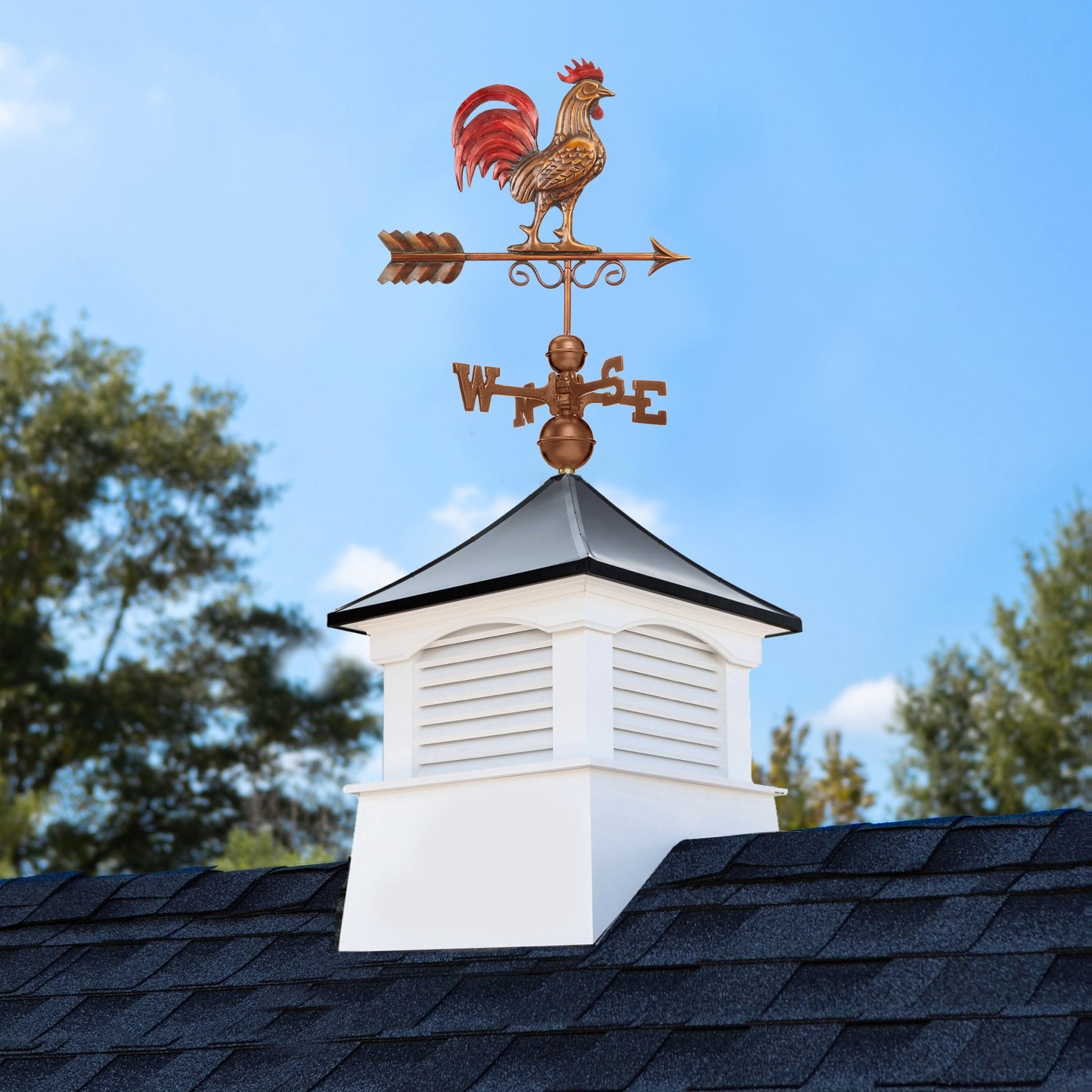 18" Square Coventry Vinyl Cupola with Black Aluminum Roof and Red Rooster Weathervane by Good Directions - Good Directions
