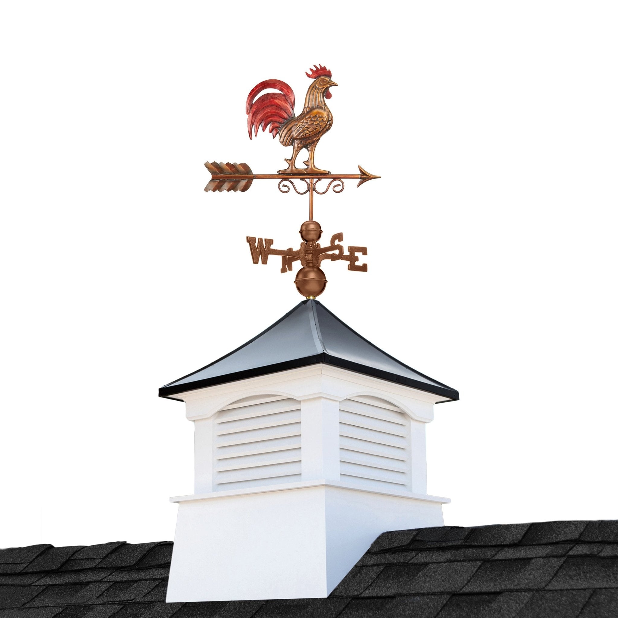 18" Square Coventry Vinyl Cupola with Black Aluminum Roof and Red Rooster Weathervane by Good Directions - Good Directions