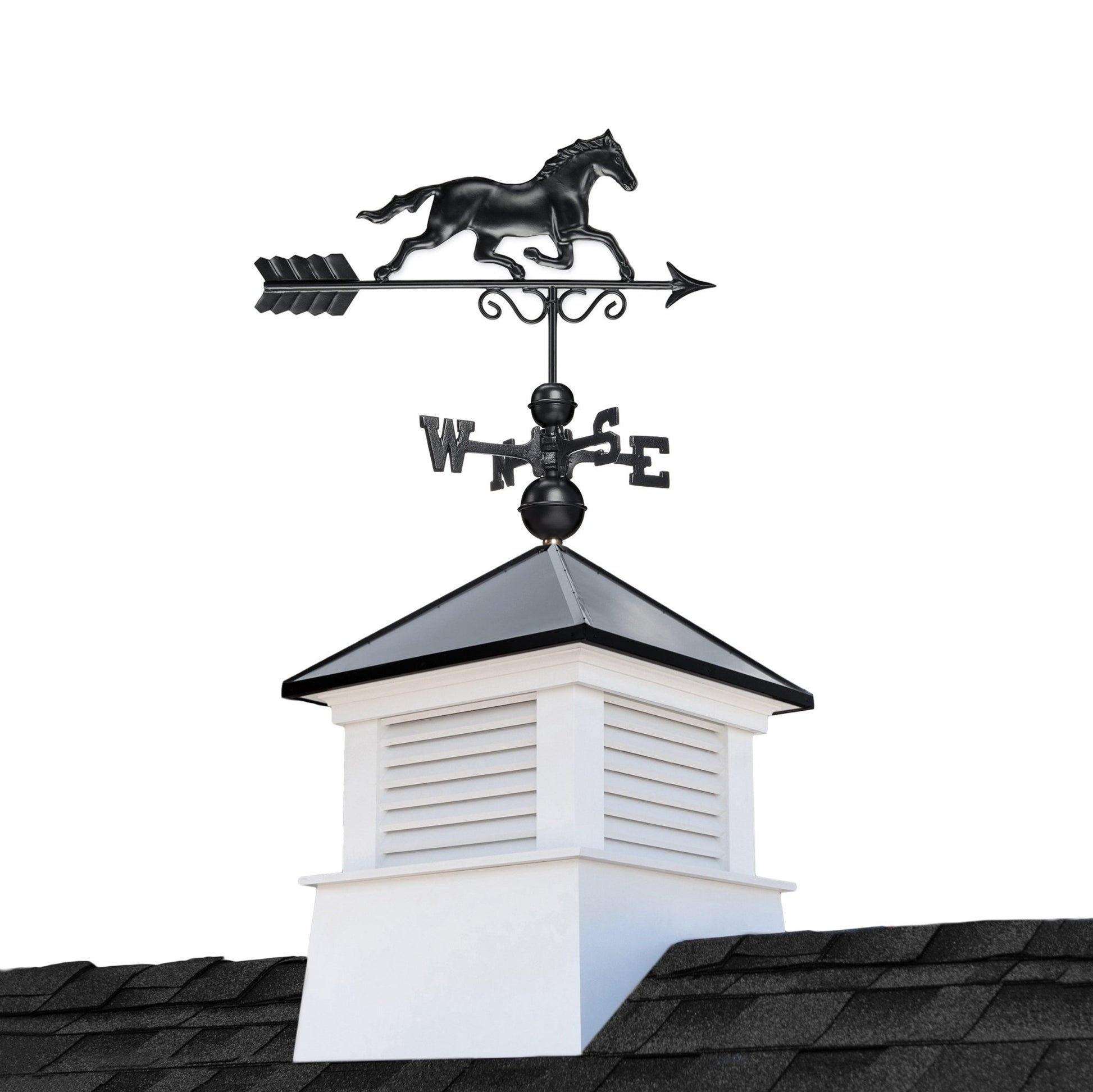 18" Square Manchester Vinyl Cupola with Black Aluminum roof and Black Aluminum Horse - Good Directions
