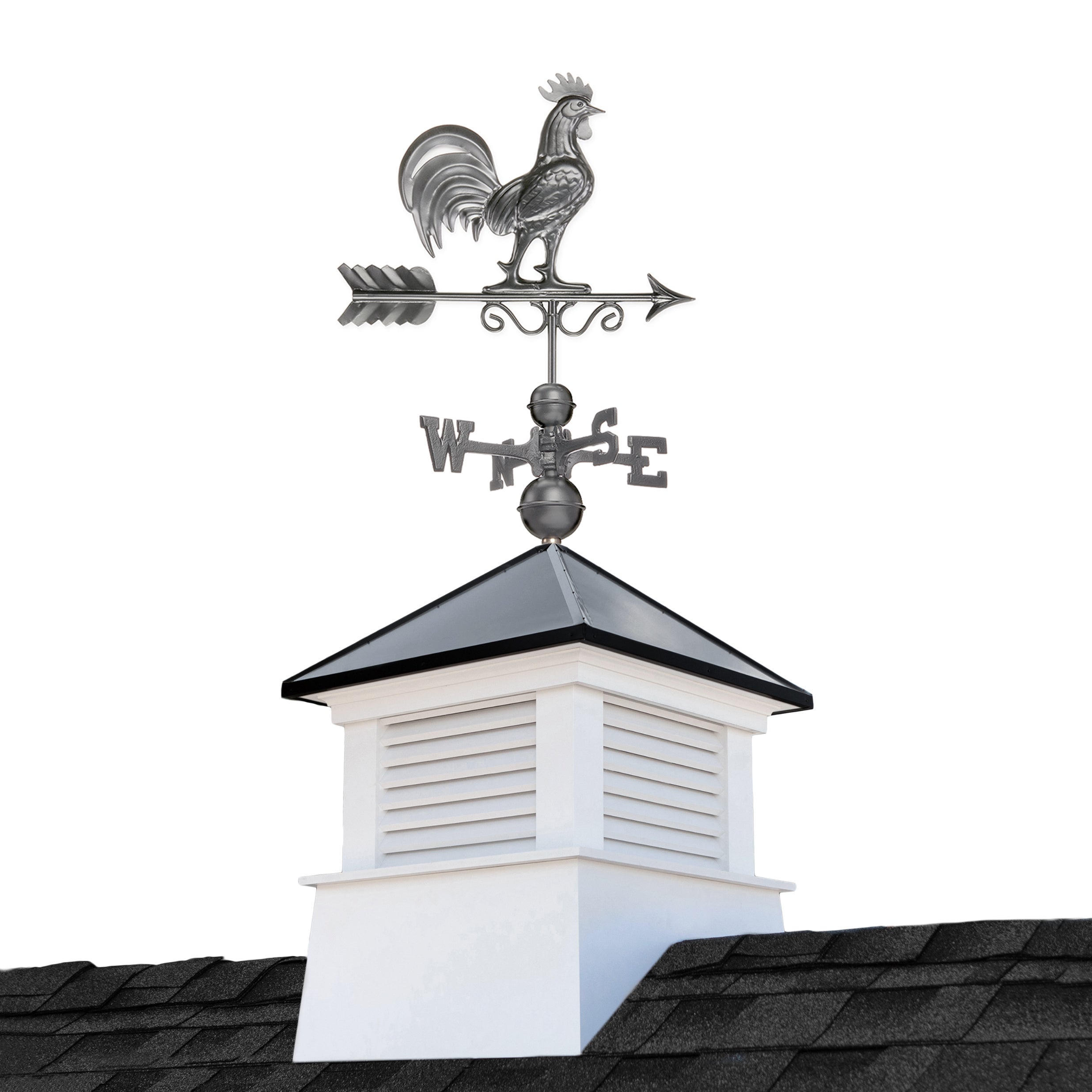 18" Square Manchester Vinyl Cupola with Black Aluminum roof and Dark Zinc Aluminum Rooster Weathervane