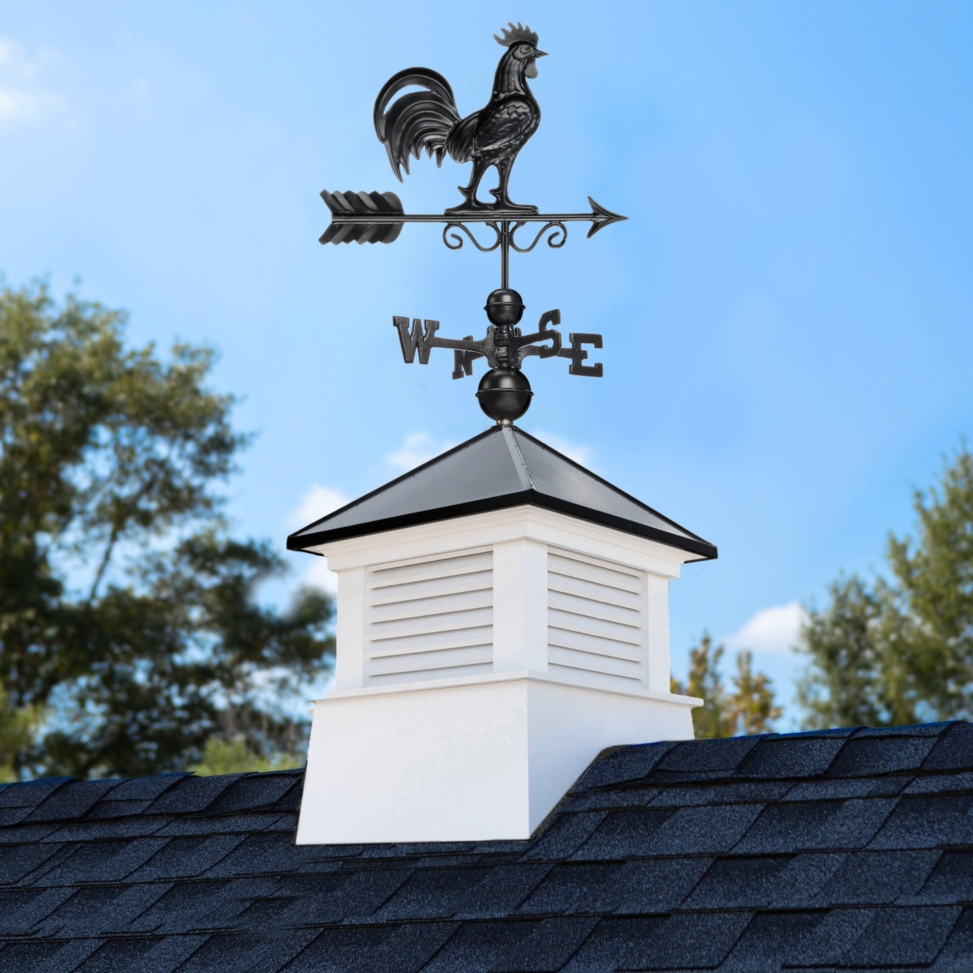 18" Square Manchester Vinyl Cupola with Black Aluminum roof and Black Aluminum Rooster Weathervane - Good Directions