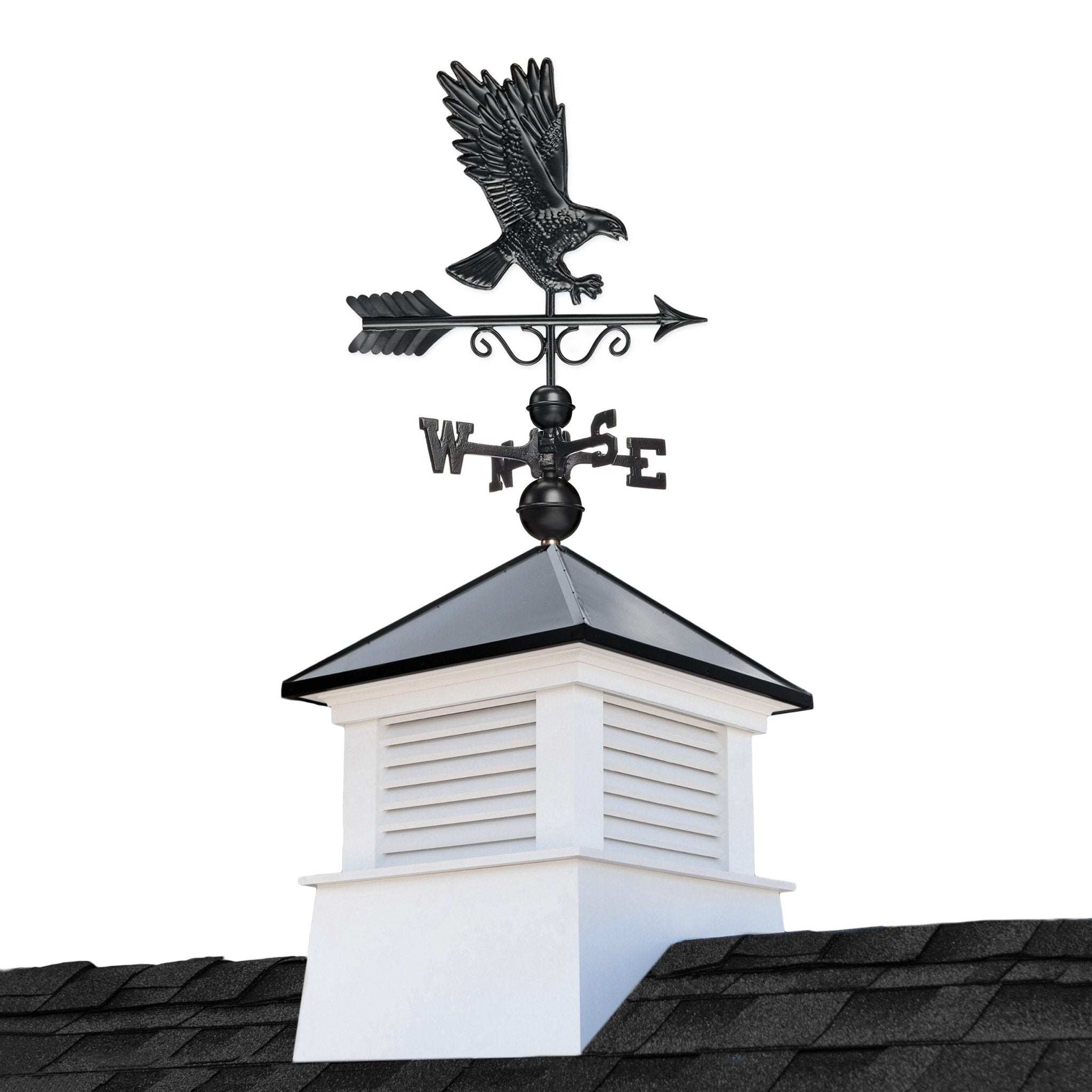 18" Square Manchester Vinyl Cupola with Black Aluminum roof and Black Aluminum Eagle Weathervane - Good Directions