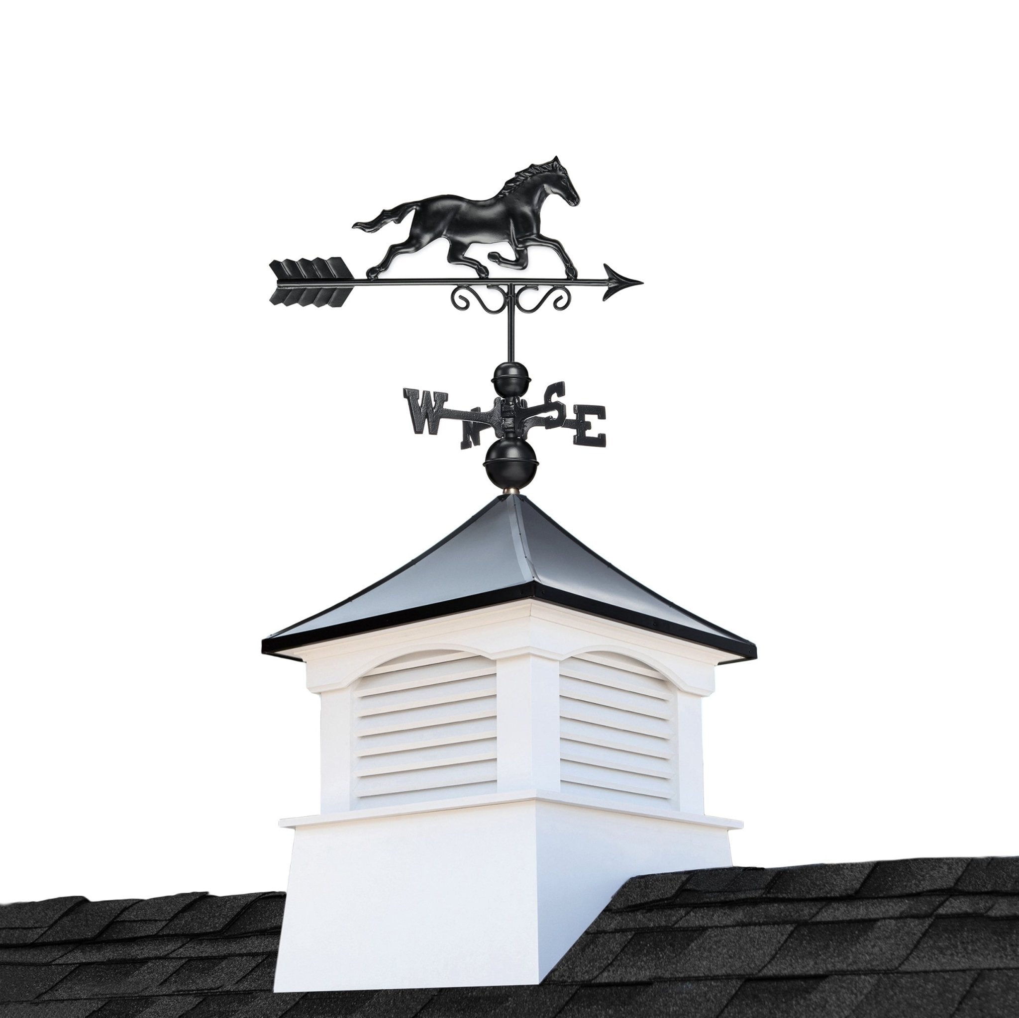 26" Square Coventry Vinyl Cupola with Black Aluminum roof and Black Aluminum Horse Weathervane - Good Directions
