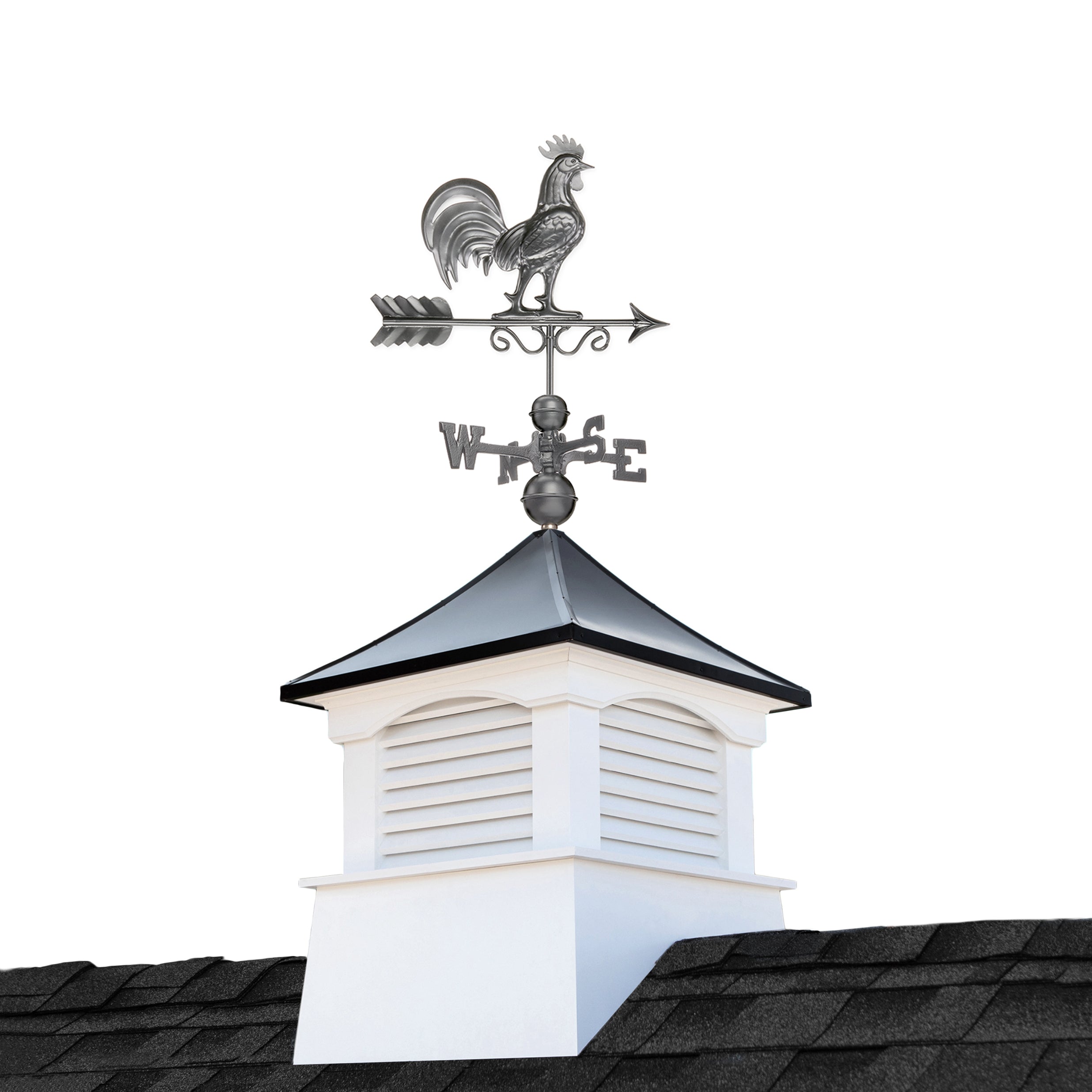 26" Square Coventry Vinyl Cupola with Black Aluminum roof and Dark Zinc Aluminum Rooster Weathervane
