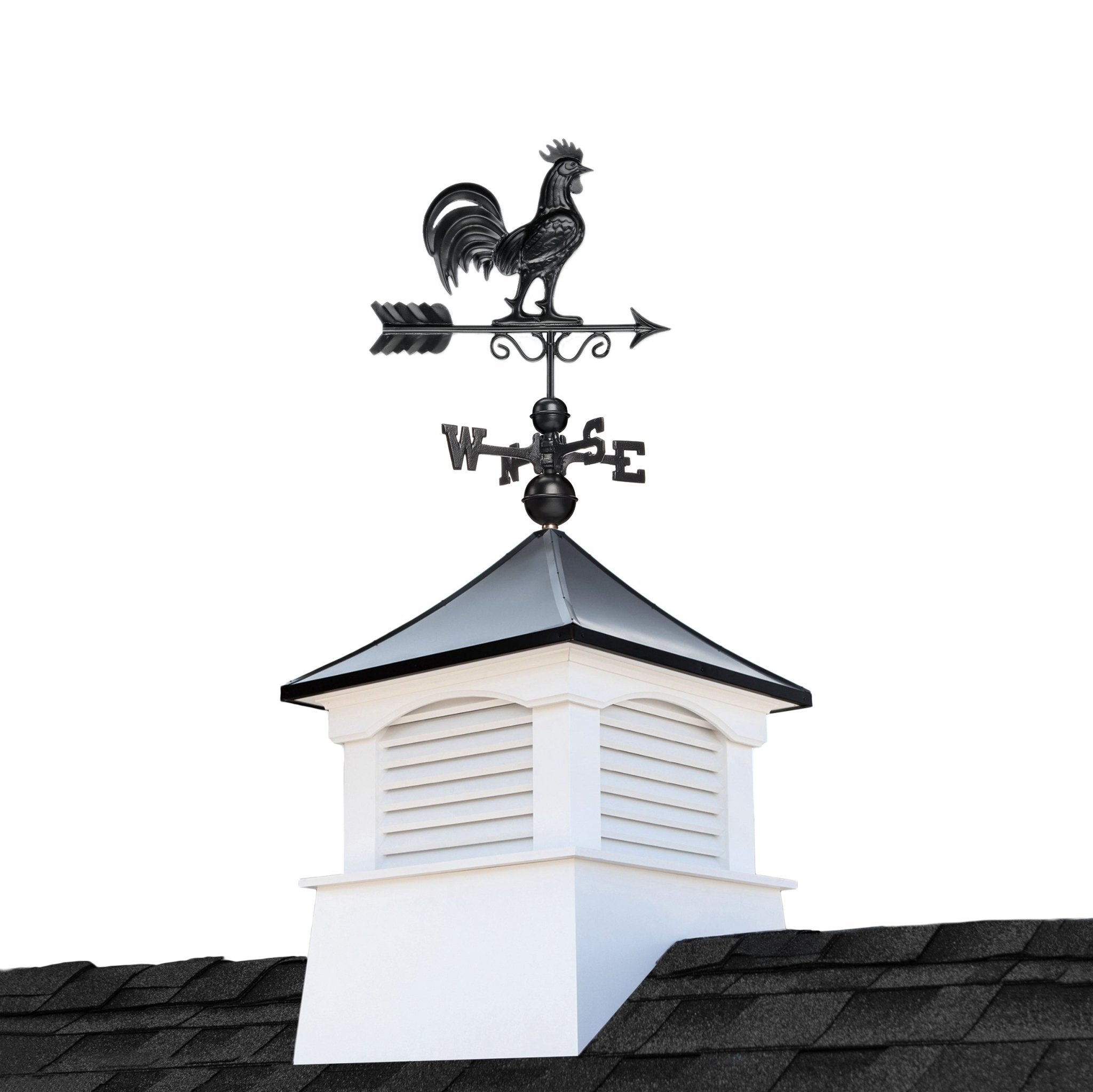 26" Square Coventry Vinyl Cupola with Black Aluminum roof and Black Aluminum Rooster Weathervane by Good Directions - Good Directions