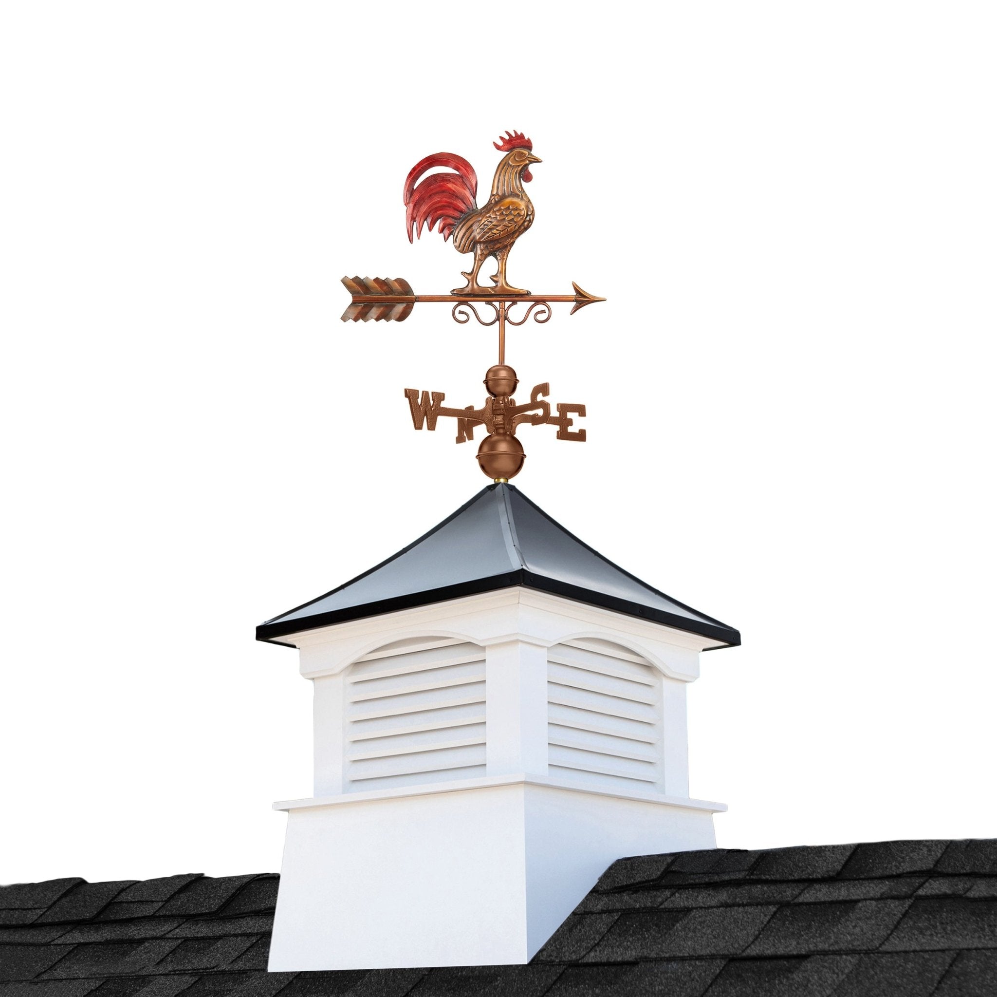26" Square Coventry Vinyl Cupola with Black Aluminum Roof and Red Rooster Weathervane by Good Directions - Good Directions