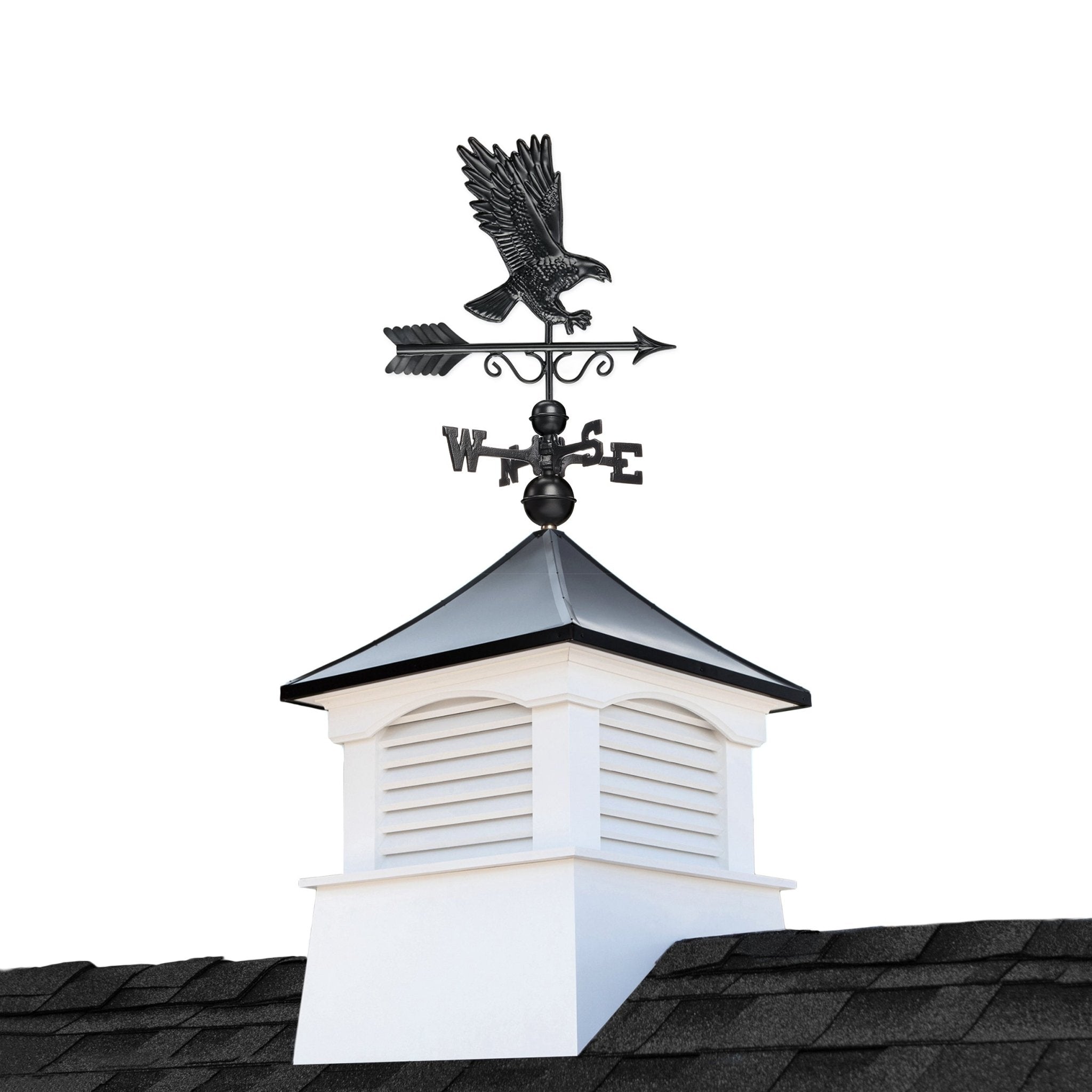 26" Square Coventry Vinyl Cupola with Black Aluminum roof and Black Aluminum Eagle Weathervane - Good Directions