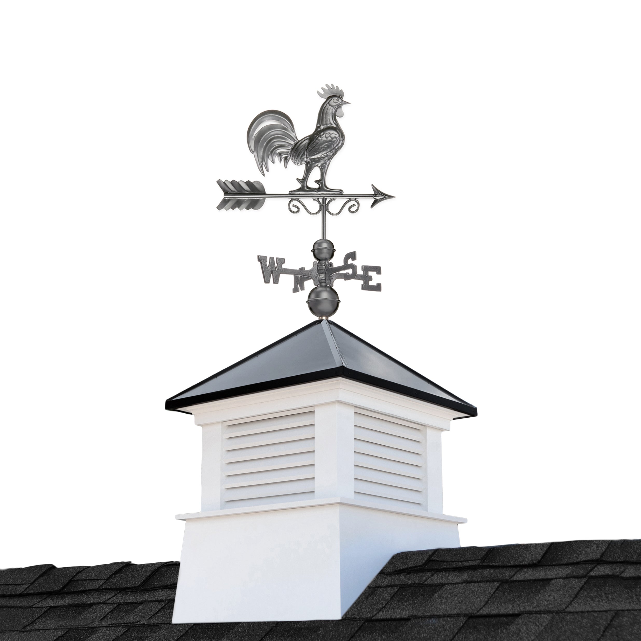 26" Square Manchester Vinyl Cupola with Black Aluminum roof and Dark Zinc Aluminum Rooster Weathervane