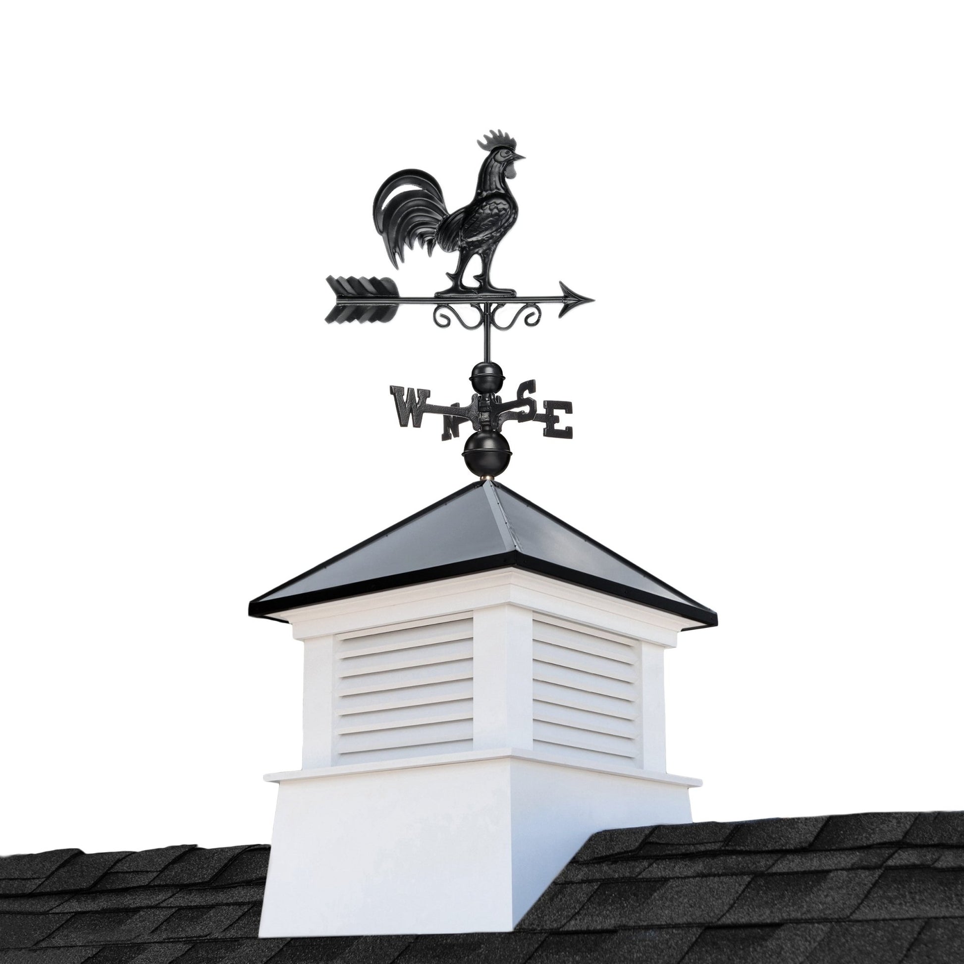 26" Square Manchester Vinyl Cupola with Black Aluminum roof and Black Aluminum Rooster Weathervane - Good Directions