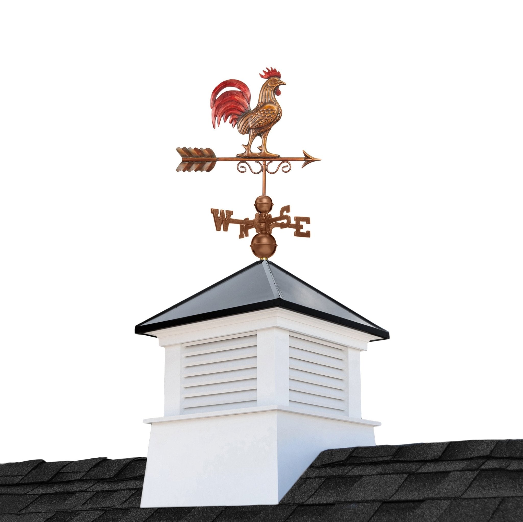 26" Square Manchester Vinyl Cupola with Black Aluminum Roof and Red Rooster Weathervane by Good Directions - Good Directions