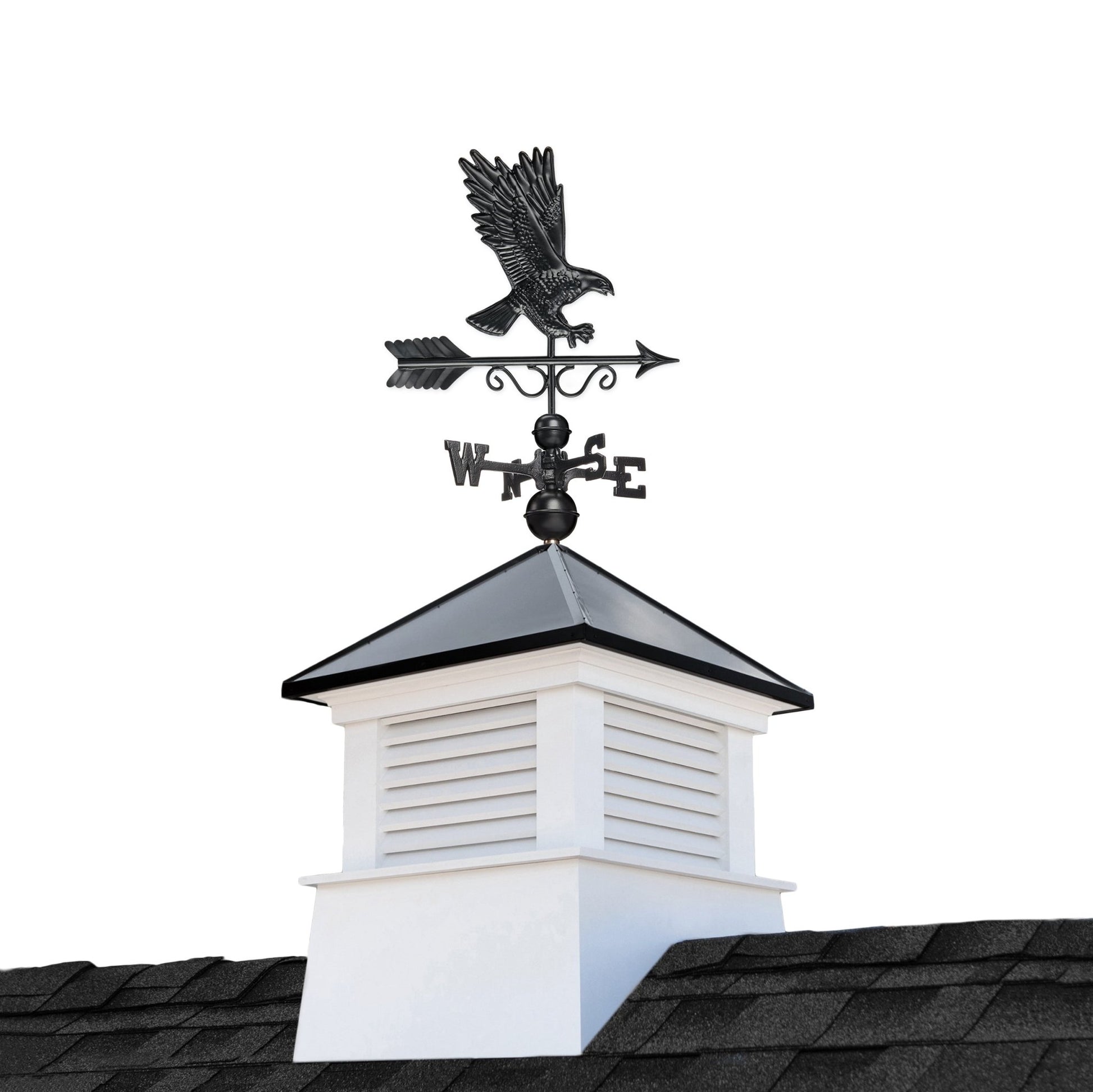 26" Square Manchester Vinyl Cupola with Black Aluminum roof and Black Aluminum Eagle Weathervane - Good Directions