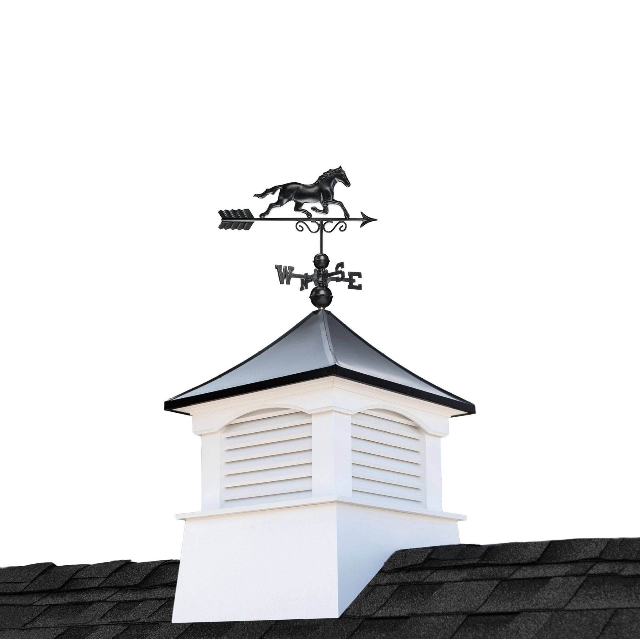 30" Square Coventry Vinyl Cupola with Black Aluminum roof and Black Aluminum Horse Weathervane - Good Directions